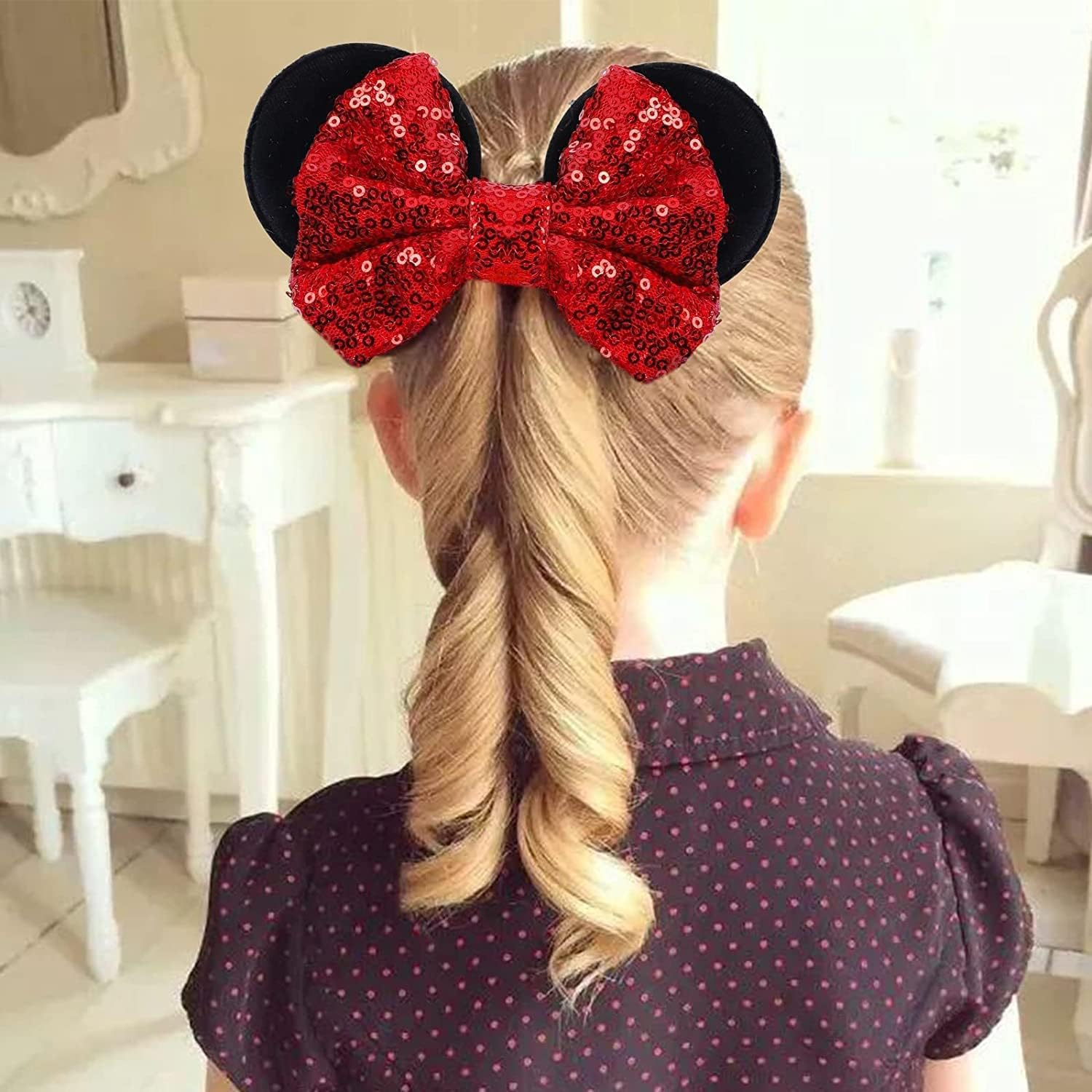 3Pcs Mouse Ear Sequins Scrunchies,Mouse Ears Hair Scrunchies Velvet Sparkle Sequin Hair Ties Elastic Hair Bands Ropes Ponytail Holder Bow,Mouse Ears Velvet Scrunchies Bows Hair Bands Hair Ties image number 3