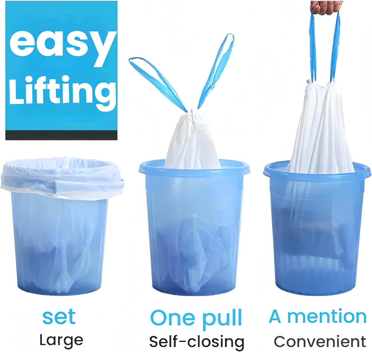 Drawstring Bin Bags, 15L, 3 Rolls Rubbish Bags,45X50Cm, White Garbage Bags for Kitchen, Bedroom, Office image number 6