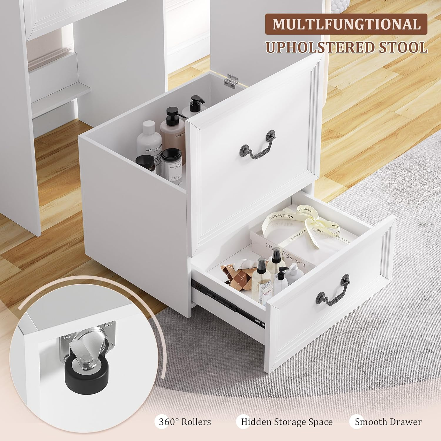 Dystler Vanity Desk with Mirror and Lights, Compact Makeup Table W/Storage Drawers & Shelves, Farmhouse Vanity Table with Hidden Chair for Bedroom, White Dressing Table for Women/Lady image number 1