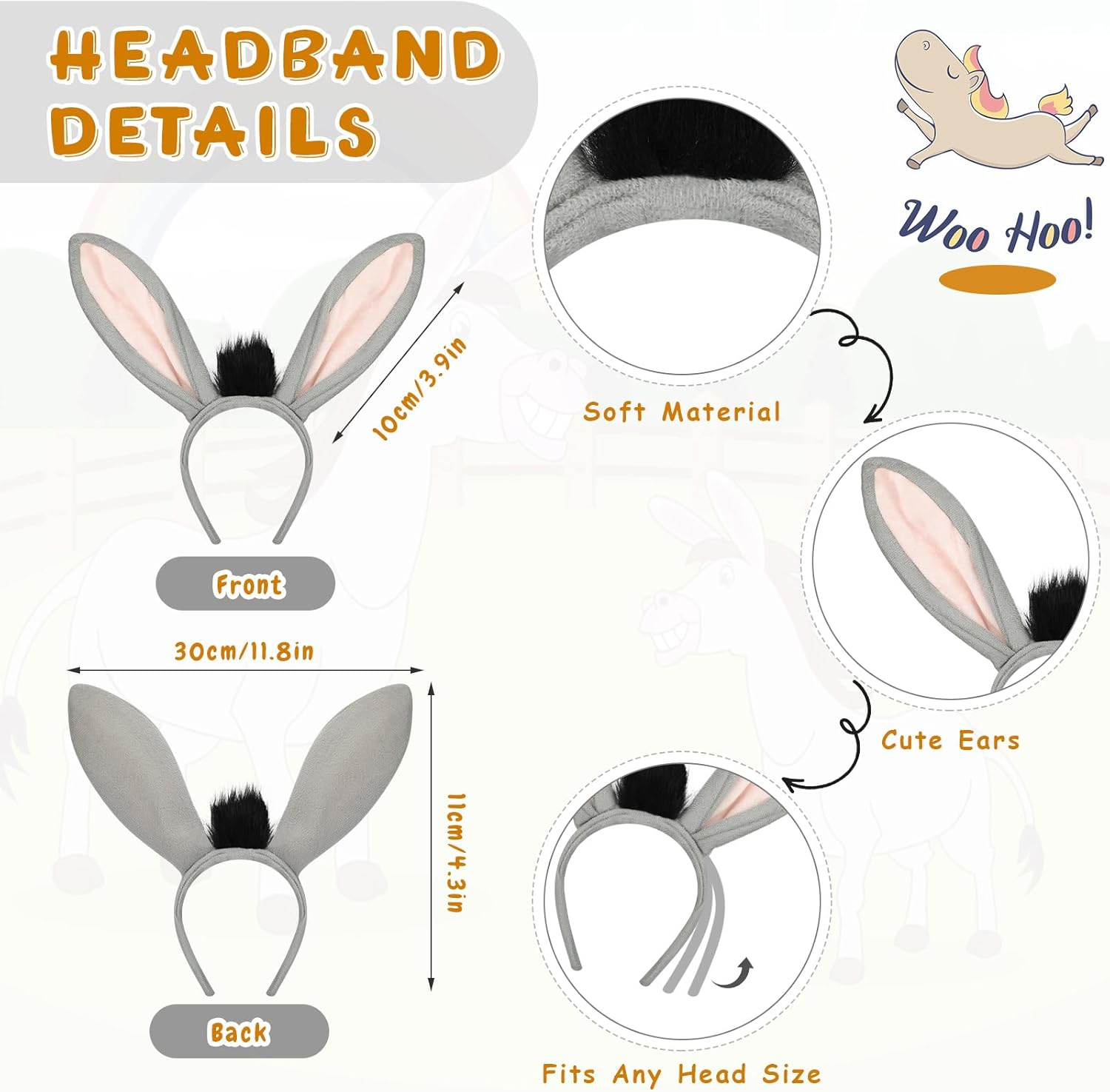 Hifot 2Pcs Donkey Costume Set, Grey Donkey Ears Headband and Tail Set, Donkey Animal Fancy Dress Outfit Animal Costume Accessories for Kids Adults for Cosplay Halloween Carnival Nativity Theme Party image number 5