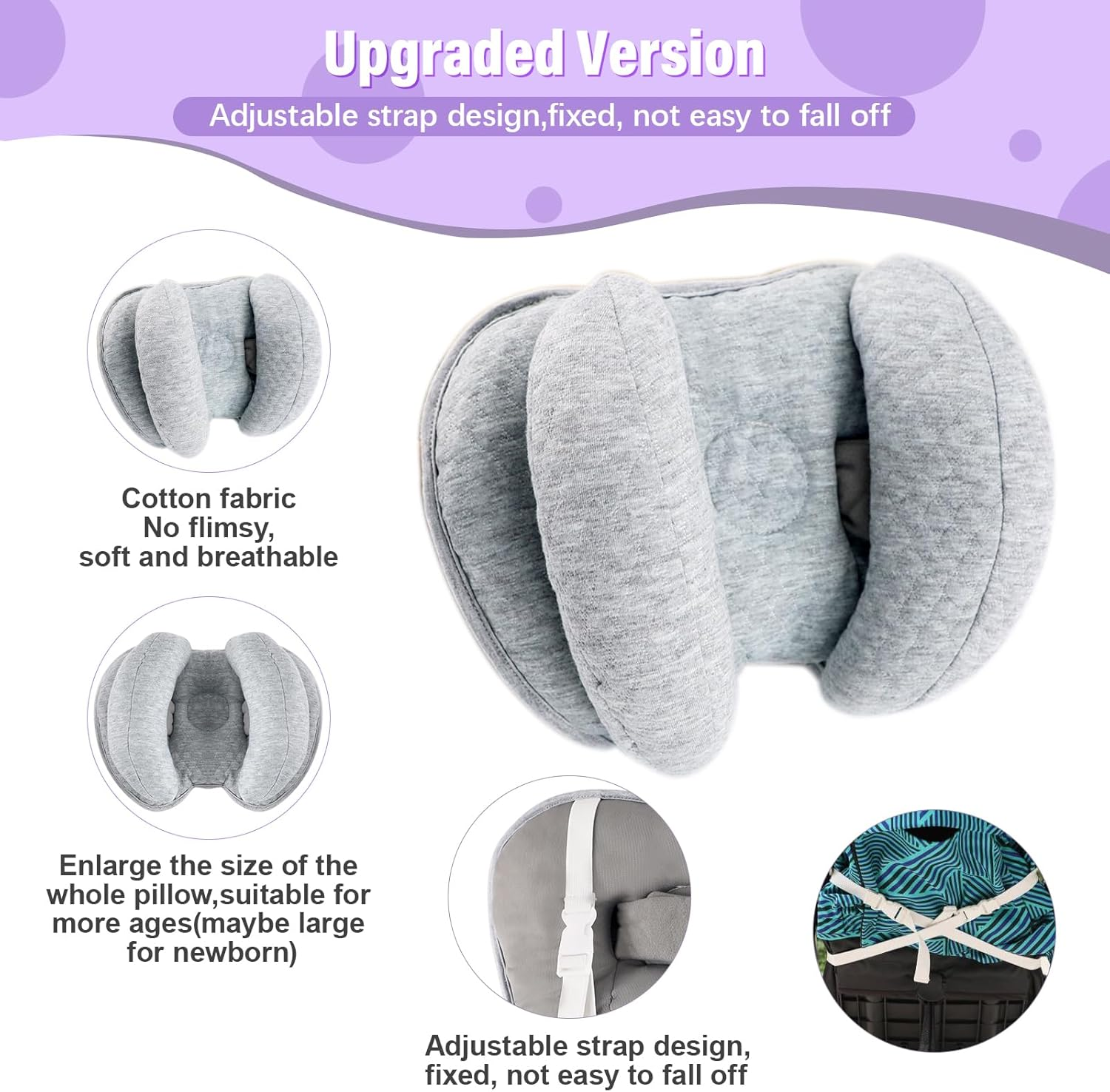 Upgraded 2 in 1 Baby Travel Pillow, Adjustable Banana Shape Baby Neck Head Support Piloow Stroller Insert Cushion for Kids, Toddler, Grey - Blue image number 7