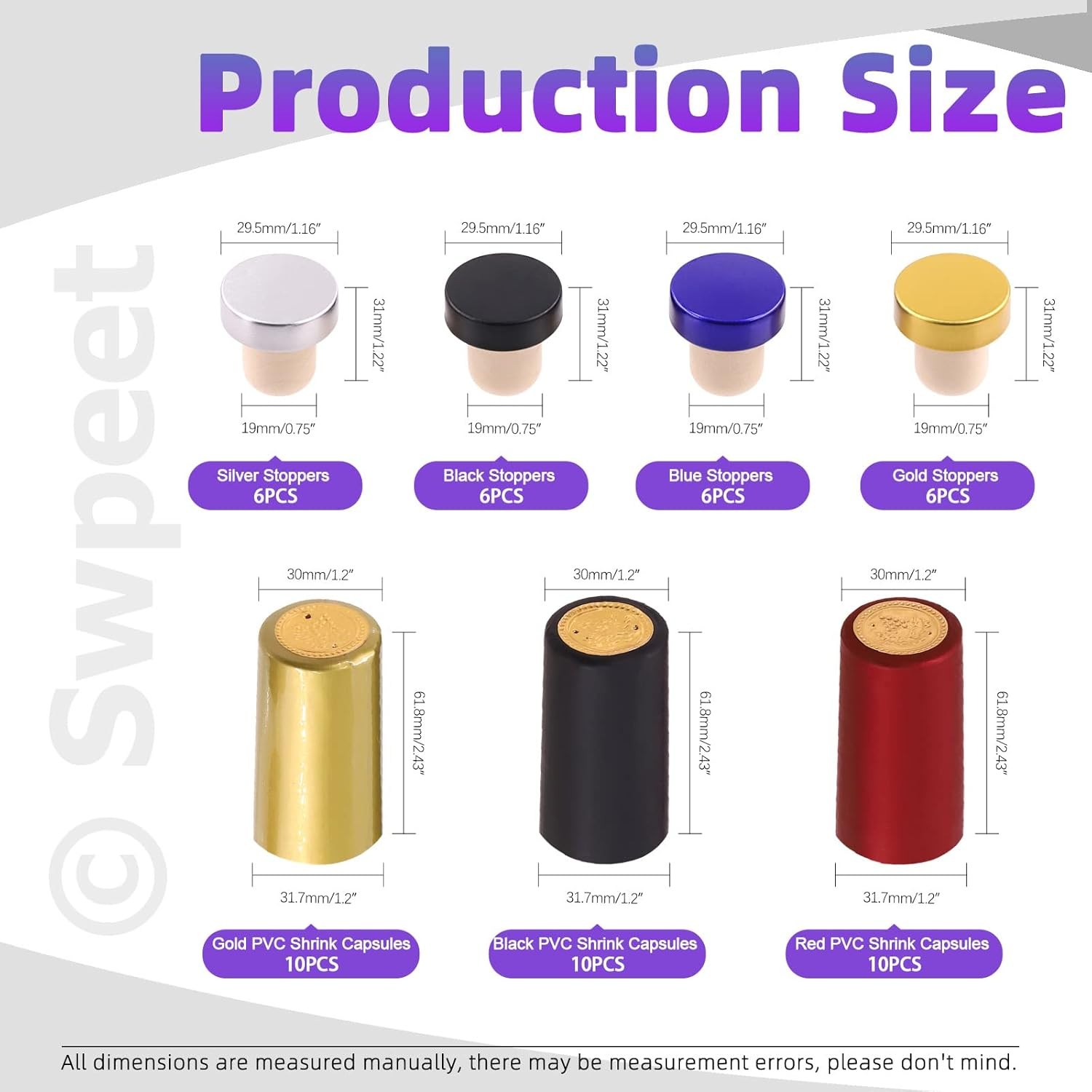 Swpeet 54Pcs 3 Colors Gold Black Red PVC Heat Shrink Capsules and Wine Bottle Cork Tops Stopper with Plastic Top Assortment Kit, Sealing Plug Bottle Cap with Shrink Wrap for Wine Bottles image number 5