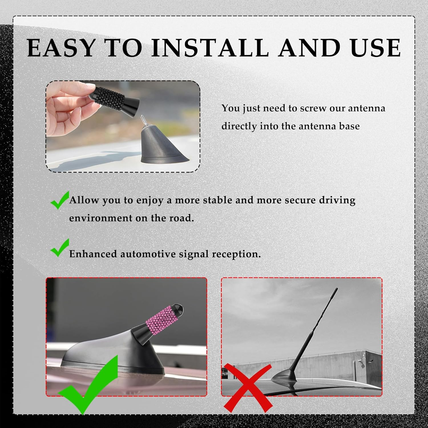 Bling Short Car Antenna Replacement,1.37" Stubby Antenna with 4PCS Screws & 2PCS Rubber Gaskets,Universal Automotive Exterior Accessories Vehicle Antenna for Truck Car (Black) - Blue image number 4