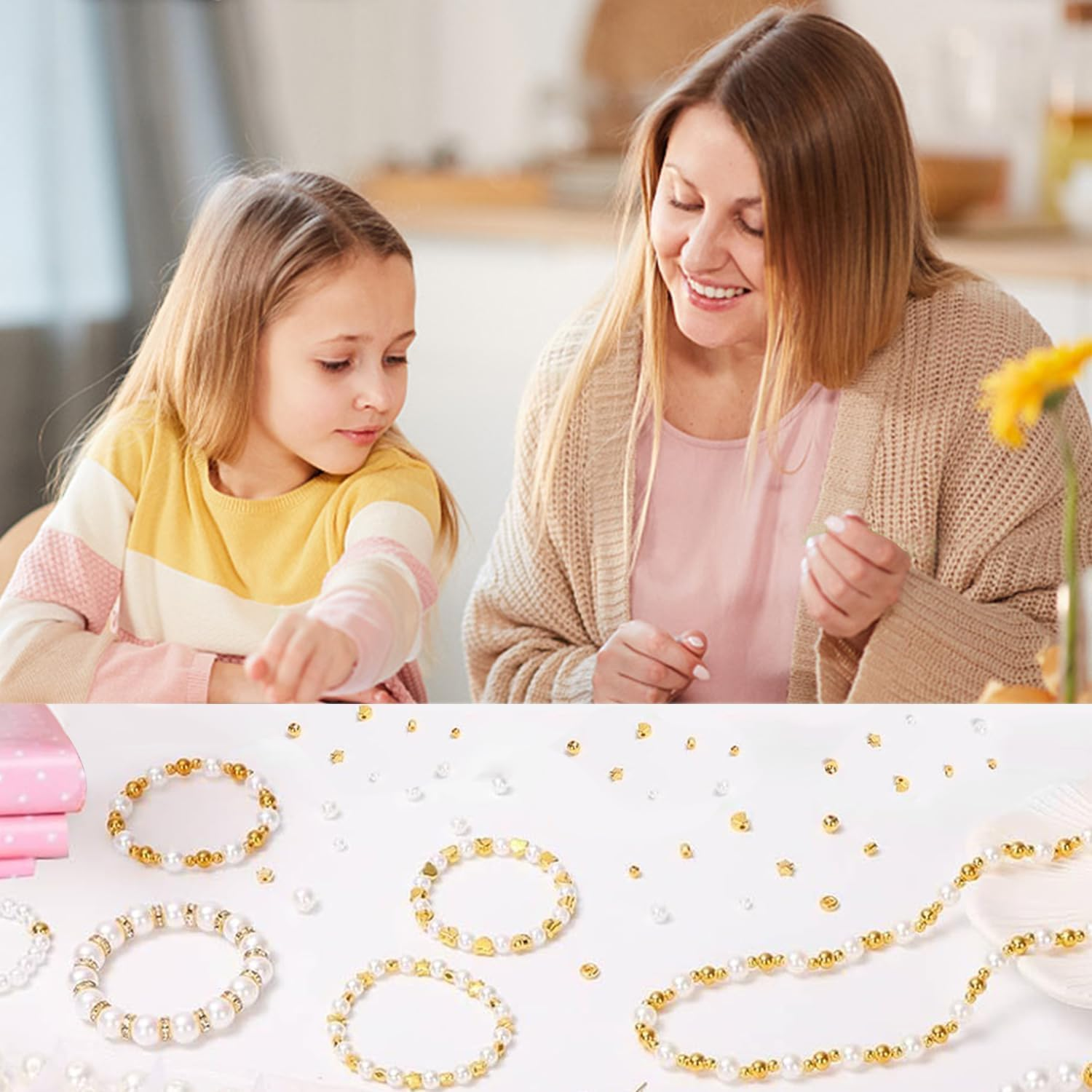 IONPSHG 1860Pcs Beads Bracelet Making Kit with 5 Sizes round White Pearl Beads, Multi-Shape Pearls & Gold Spacer for DIY Jewelry Making, Art Crafts Gifts for Women Girls image number 3