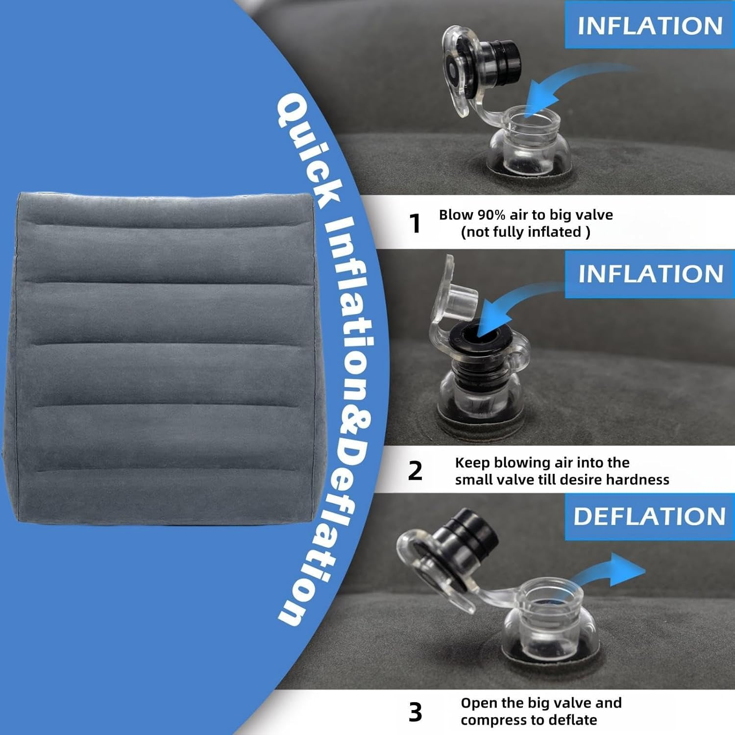 Inflatable Wedge Pillow, Portable Travel Wedge Pillow for Sleeping, Traveling, Reading, Triangle Bed Wedge Pillow, Back, Knee, Leg Support for Side/Stomach Sleepers Acid Reflux, anti Snoring - Dark Grey image number 5