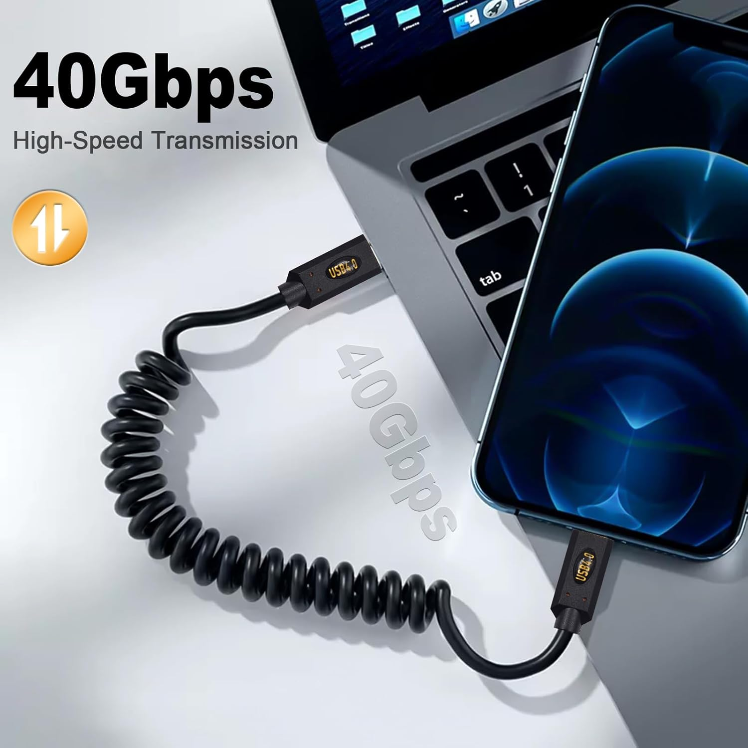 Duttek 240W Coiled USB C to USB C for Thunderbolt 3, 40Gbps USB C to USB C Coiled Cable, USB Type C Male to Male Spiral Cable Support 8K@60Hz Video Compatible with Macbook Pro/Air, Ipad Pro 1M image number 2