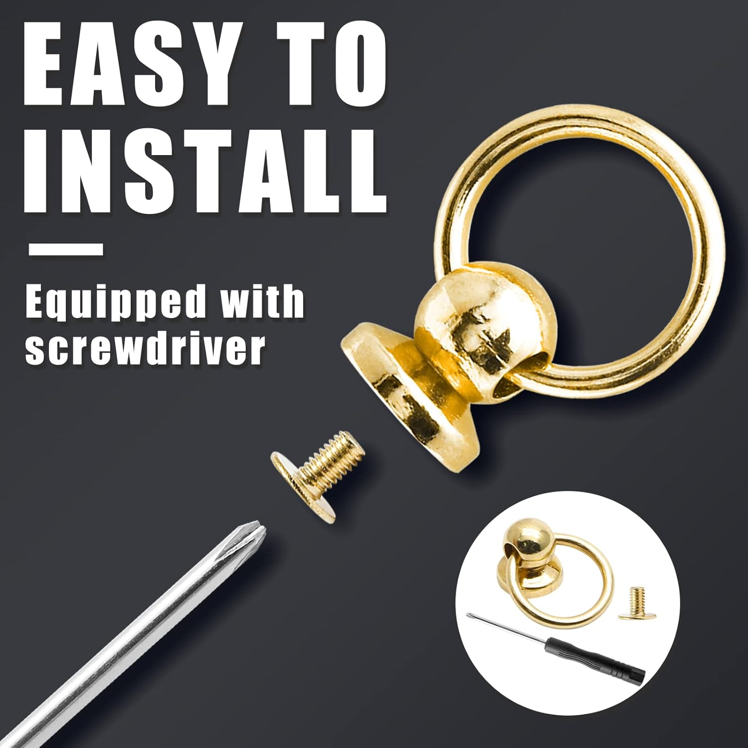 Kyuionty 60 Pcs Screwback round Head Rivet with Pull Ring, 8 Mm DIY Leather Craft O Ring Screw Rivets Metal Stud Rivets for Purse Wallet Phone Case with Mini Screwdriver (Gold) - Gold image number 1
