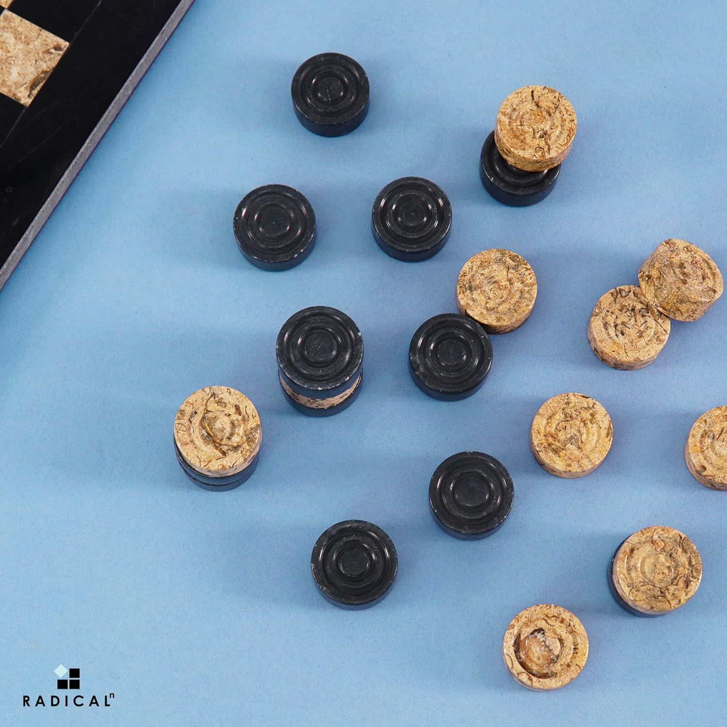 Radicaln Marble Checker Figures 1.25'' Inches Black and Coral Handmade Outdoor Board Game Draughts Checker Travel Chess Set Classic Board Game Checkers Outdoor Games image number 5