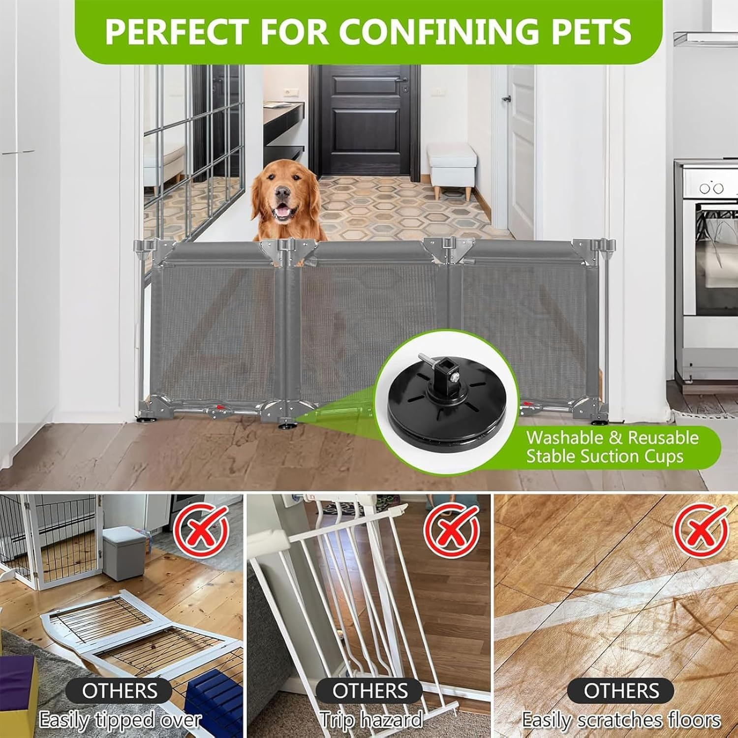 Baby Safety Gate, Extra Wide 3-Panel Foldable Pet Gates for Doorways, Durable Baby Fence Play Yard, Adjustable Safety Gate/Door for Child/Pet, for Kitchen, Stairs, Indoor&Outdoor (Grey, L) image number 1