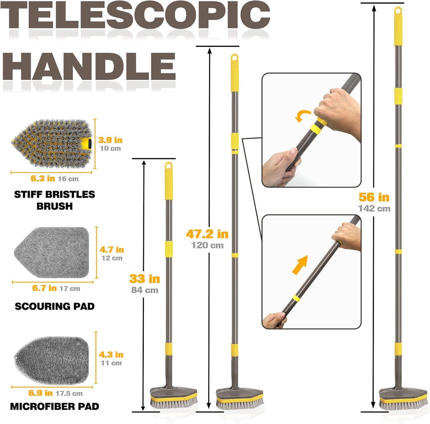 NEWE Shower Cleaner Brush, Tub Tile Scrubber with Telescopic Long Handle 142 Cm, 4 Scrub Heads for Cleaning Bathroom Bathtub Floor Baseboard Sink Kitchen Toilet (Brown Yellow) - Brown Yellow image number 5