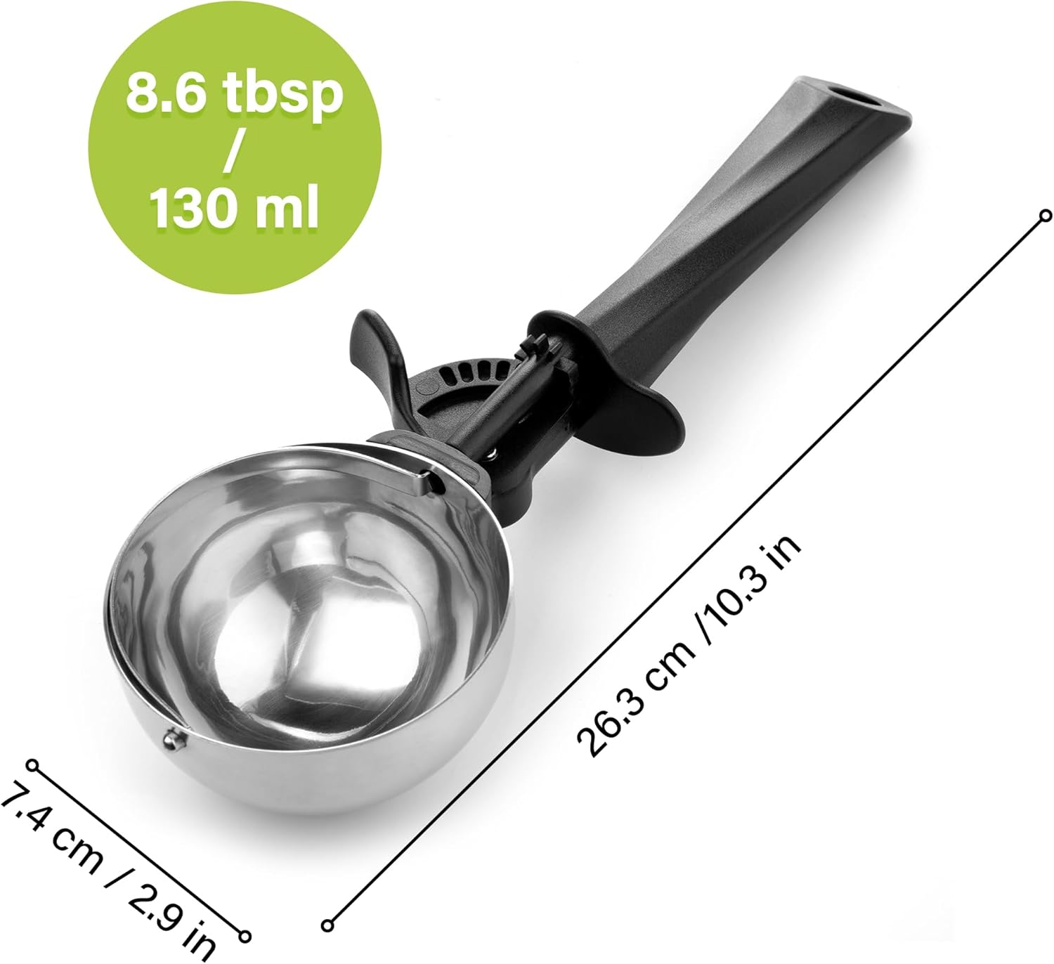 Stainless Steel Ice Cream Scoop, 8.7 Tbsp, Ice Ball Scoop, 130 Ml with Trigger and Comfortable Handle for Ice Cream Ball, Baking, Melon Ball, Ice Cream Scoop, Size 80 Mm