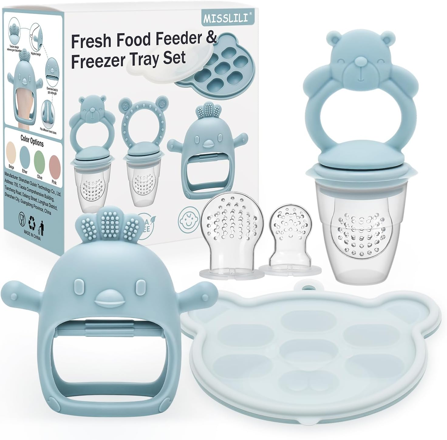 MISSLILI Baby Silicone Fruit Food Feeder Pacifier & Breastmilk Popsicle Freezer Molds, Chick Teether Toy & Baby Food Storage Containers Frozen Ice Tray for Baby Feeding Teething Safely, BPA Free