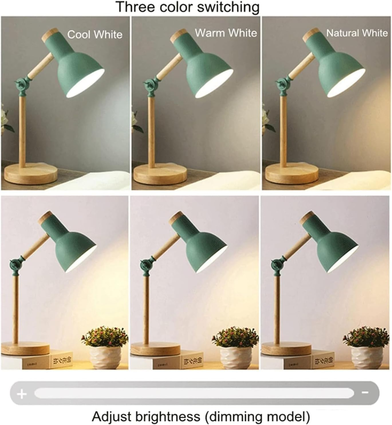 Desk Lamp E27 Wood Adjustable Angle with Metal Shade Table Lamp Modern with 3 Colors Dimmable Switch Bedside Lamps Eye Protection Simple Reading Lamp for Office Study Room Bedroom Living Room (White) - Grey image number 2