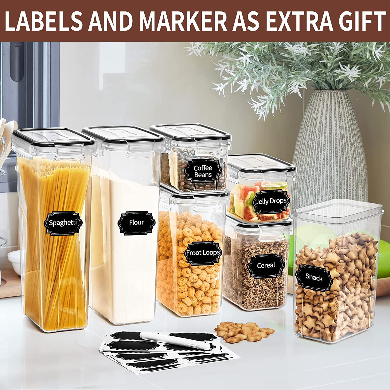 PRAKI Airtight Food Storage Containers Set with Lids - 24 PCS, BPA Free Kitchen and Pantry Organization, Plastic Leak-Proof Canisters for Cereal Flour & Sugar - Labels & Marker image number 6