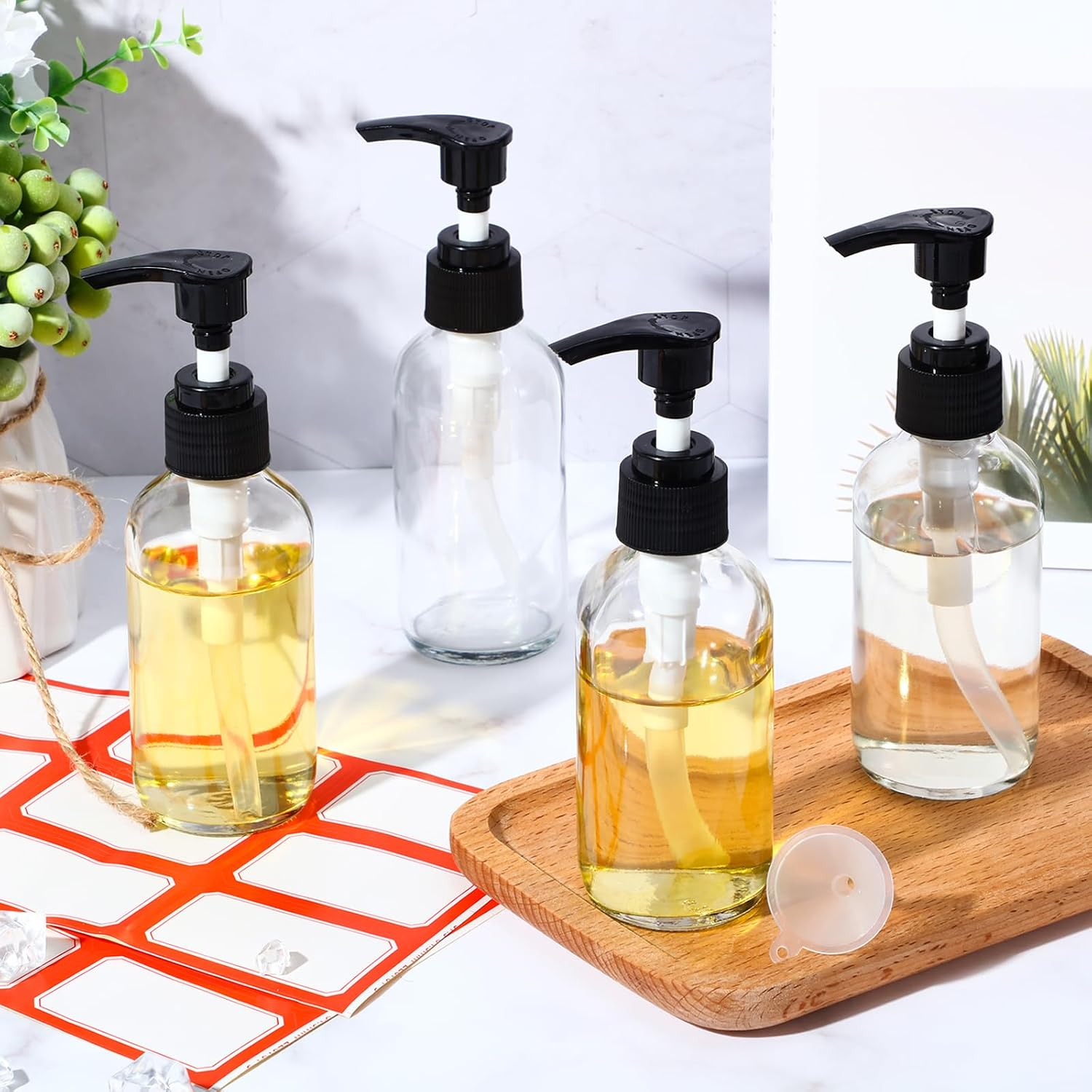 Tanlade 12 Pcs 4 Oz Glass Pump Bottle Empty Travel Glass Bottle with Pump Refillable Glass Hand Soap Dispenser Toiletries Liquid Storage Container Jar for Shampoo Essential Oils Cosmetic (Clear)