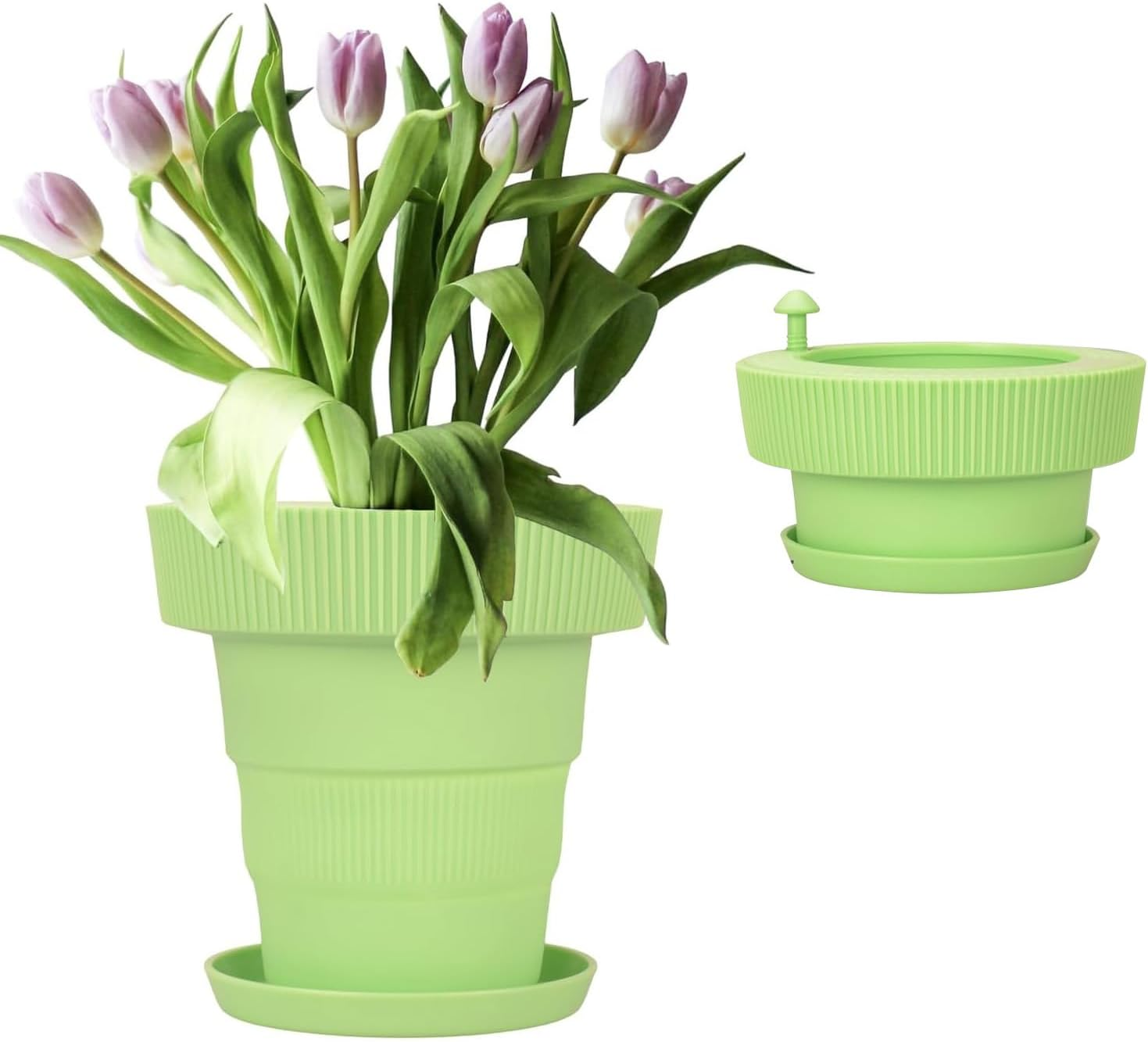 Self-Watering Indoor Plant Pots &ndash; Foldable Silicone Flower Pots with Drainage Holes and Saucers, Ideal for Home and Office Decor (Green) image number 2