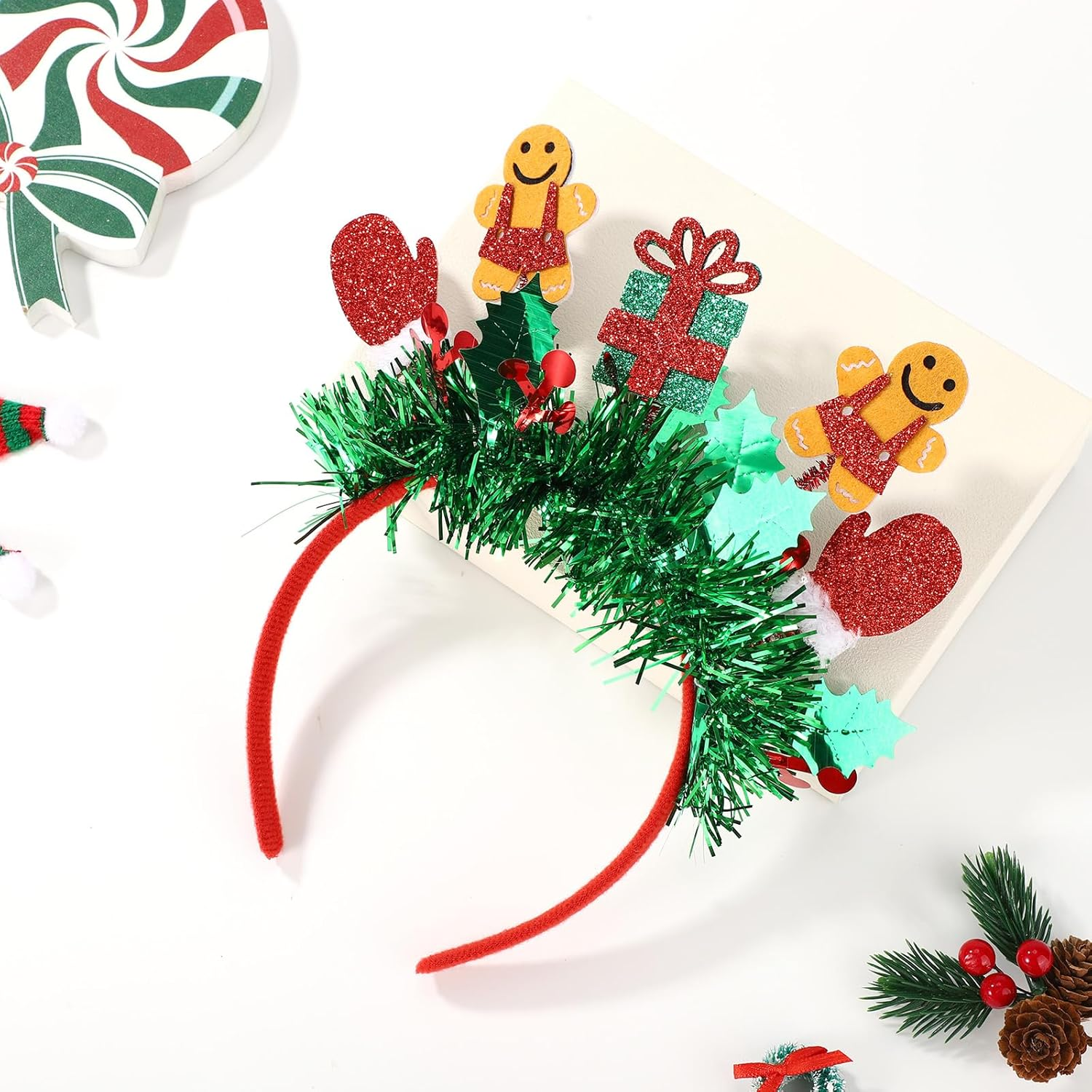 Christmas Gingerbread Man Headband, Adorable Glitter Green Tassel Gingerbread Man Christmas Headband Funny Festival Headdress Accessories for Women image number 6