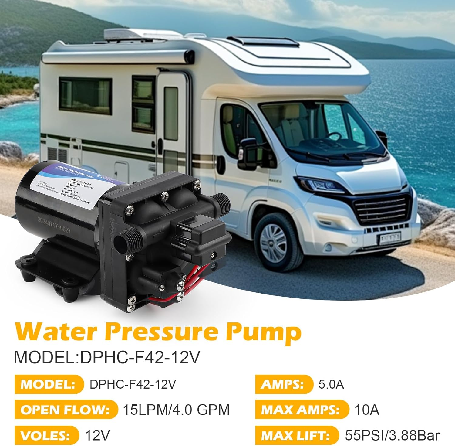 4048-153-E75 RV Water Tank Pump, 12V 4 GPM, 55 PSI, 10 Amps Multi-Fixture Automatic Demand Pump for RV Caravan Marine Yacht Replaces 4048153E75S image number 1