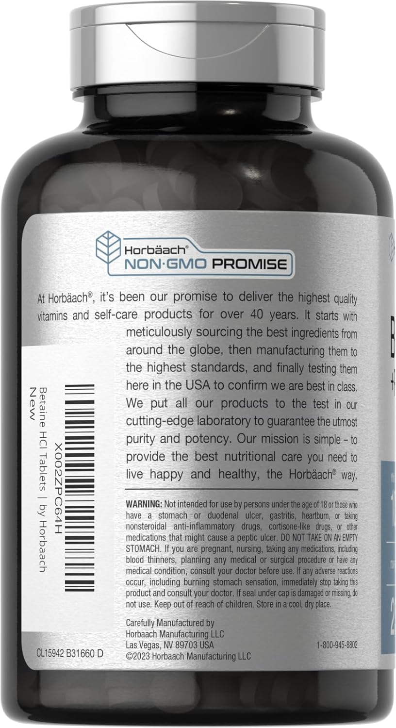 Betaine Hcl with Pepsin | 1326Mg | 250 Capsules | Betaine Hydrochloride Supplement | with Protease | Non-Gmo, Gluten Free, Vegetarian | by Horbaach image number 6