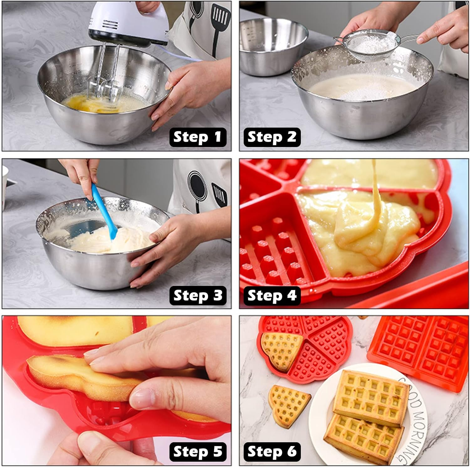 4PCS Silicone Waffle Moulds Rectangle round Heart, Mini Waffle Baking Mold Maker Nonstick, LIOUCBD Cake Chocolate Cookie Candy Gummy Muffin Pans Bakeware DIY Silicone Mould image number 2