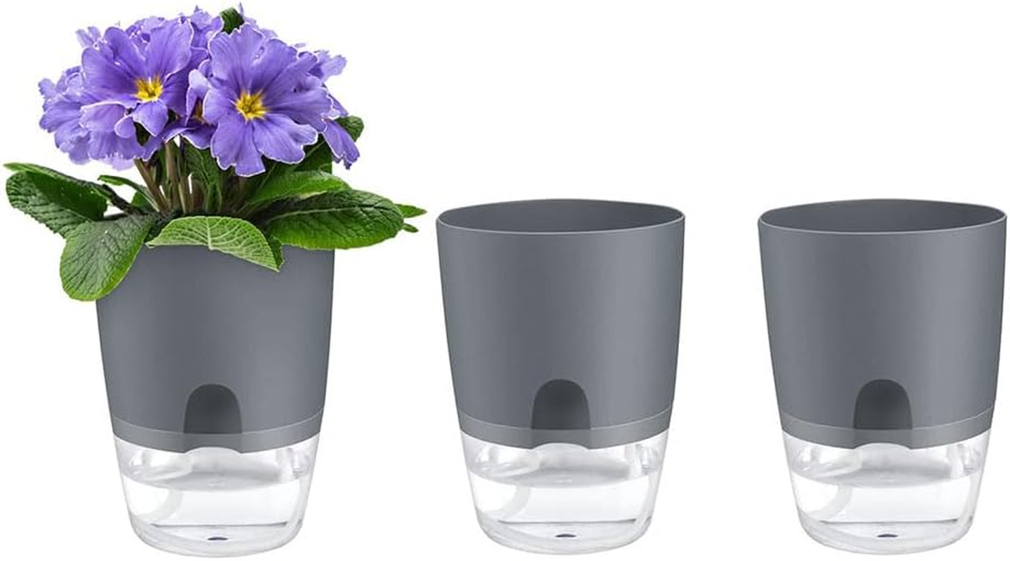 HYAVIA 3 Pcs Self Watering Plant Pots Indoor Planters , Plastic Pots for Succulents, Flowers, African Violets, Snake Plants (Grey) image number 3