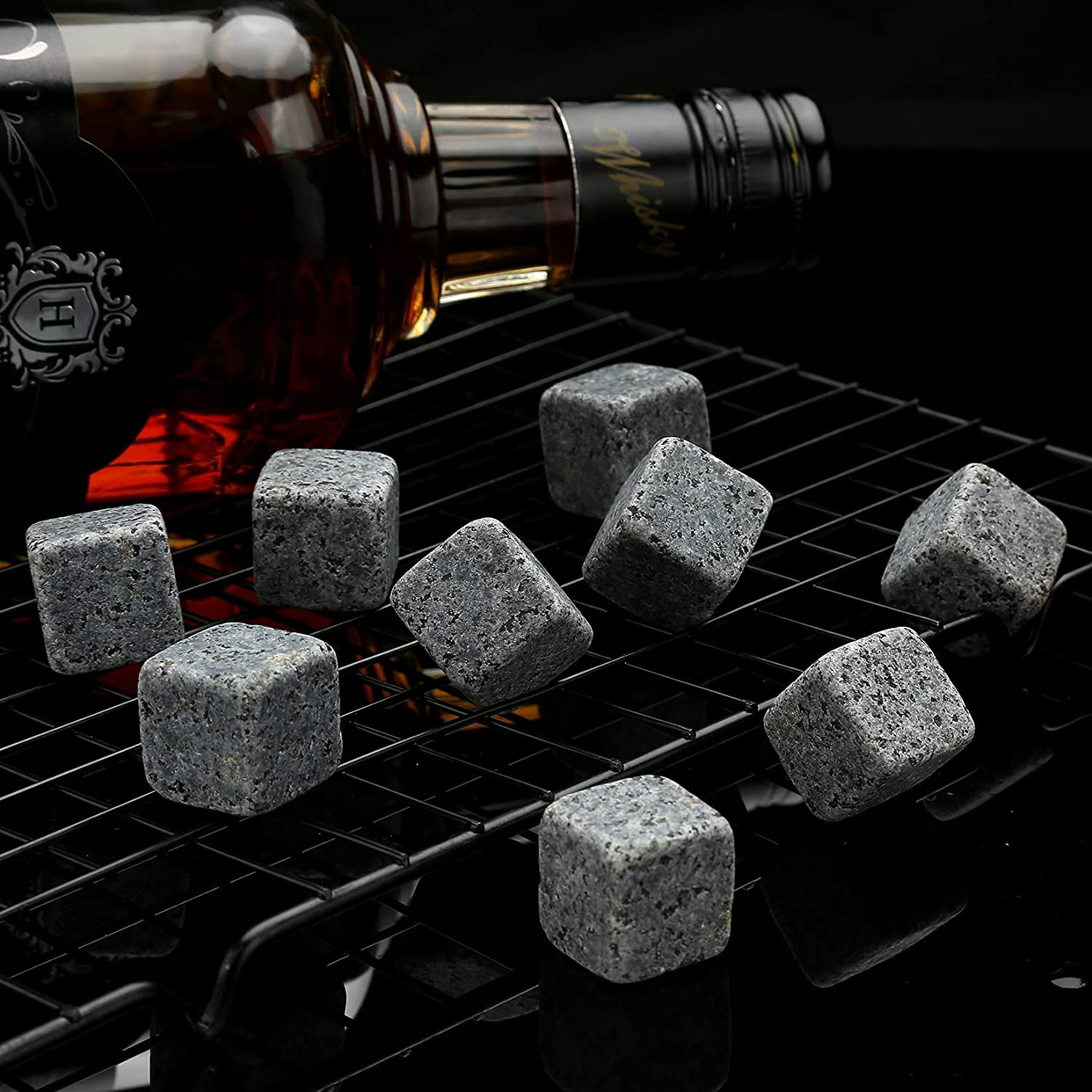 Whiskey Stones Gift Set - 9 Granite Chilling Stones Whisky Rocks - Reusable Ice Cubes with Tongs Stopper - Best Drinking Present for Men Dad Party Birthday Anniversary Retirement Father'S Day (Gray) image number 4