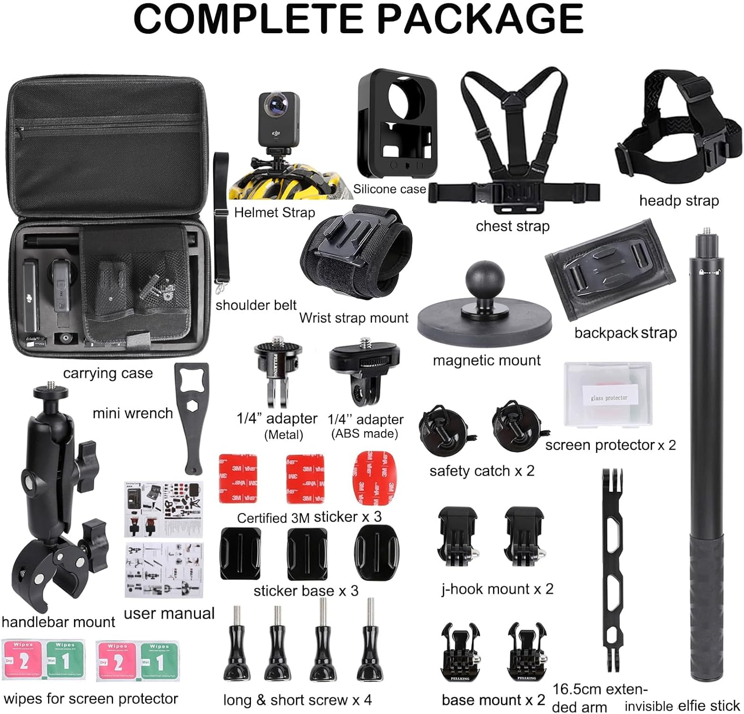 Pellking Accessories Kit for DJI Osmo 360,Included Carrying Case with Belt,2 Pcs Metal 1/4" Adapter,Handlebar Clamp,Magnetic Mount,43In Selfie Stick,Chest Strap,Head Strap,Backpack Mount,And Others image number 1
