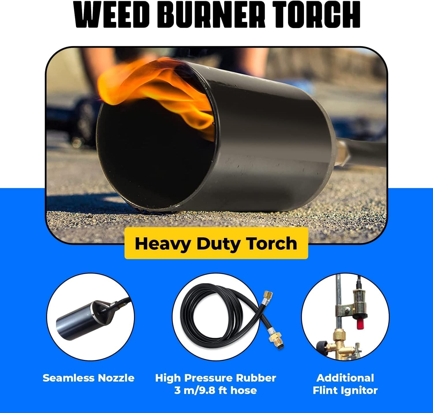 USOR 800,000 BTU Liquefied Gas Propane Fire Weed Torch with 2 Meter Hose Pipe Flame Thrower LPG Electronic Weed Burner Torch Weed Killer, Roofing Torch image number 1