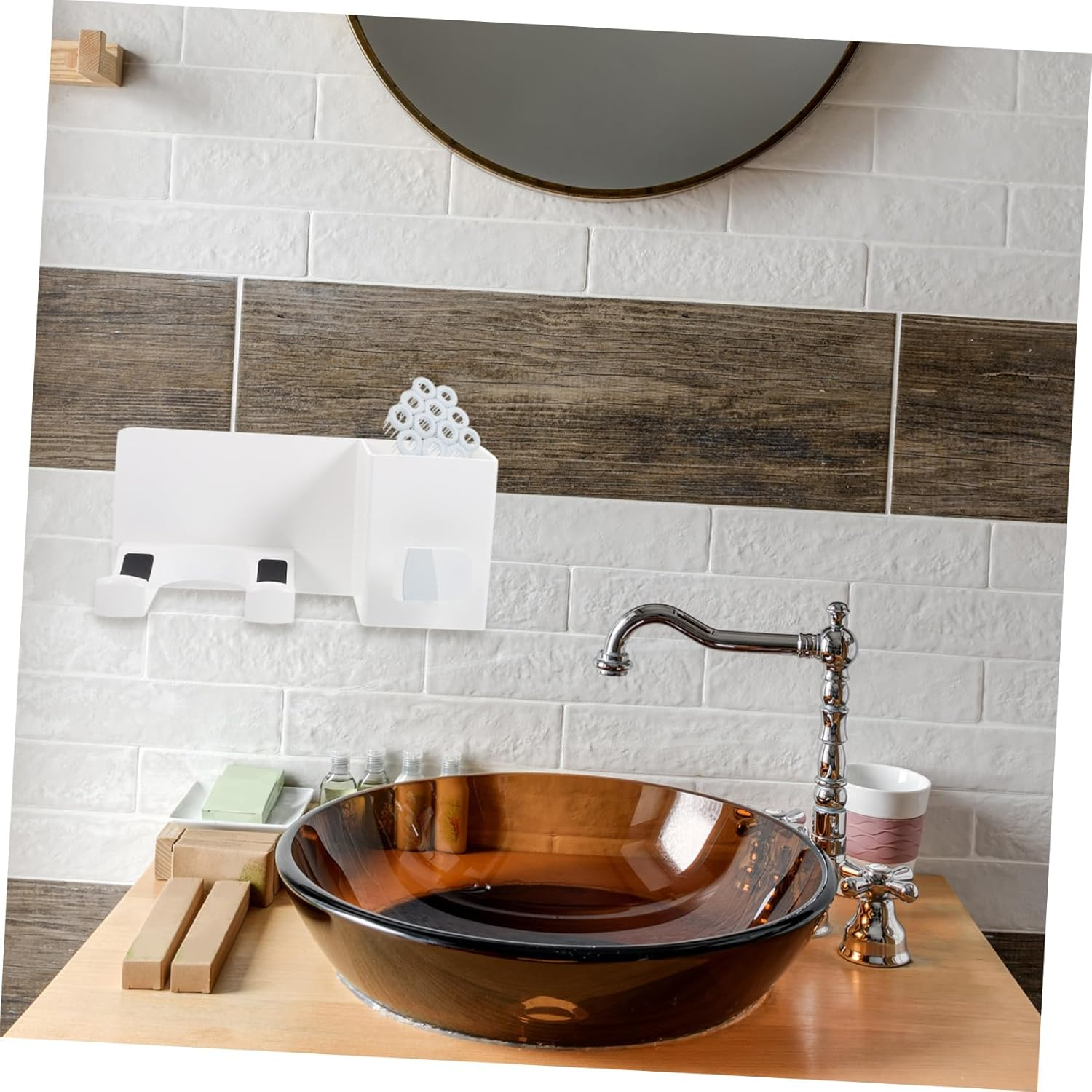 SHOWERORO Hair Dryer Wall Mount Holder with Storage Shelf, Adhesive No-Drill Bathroom Hair Tool Organizer Rack, White Space-Saving Blow Dryer Hook for Home Use image number 1