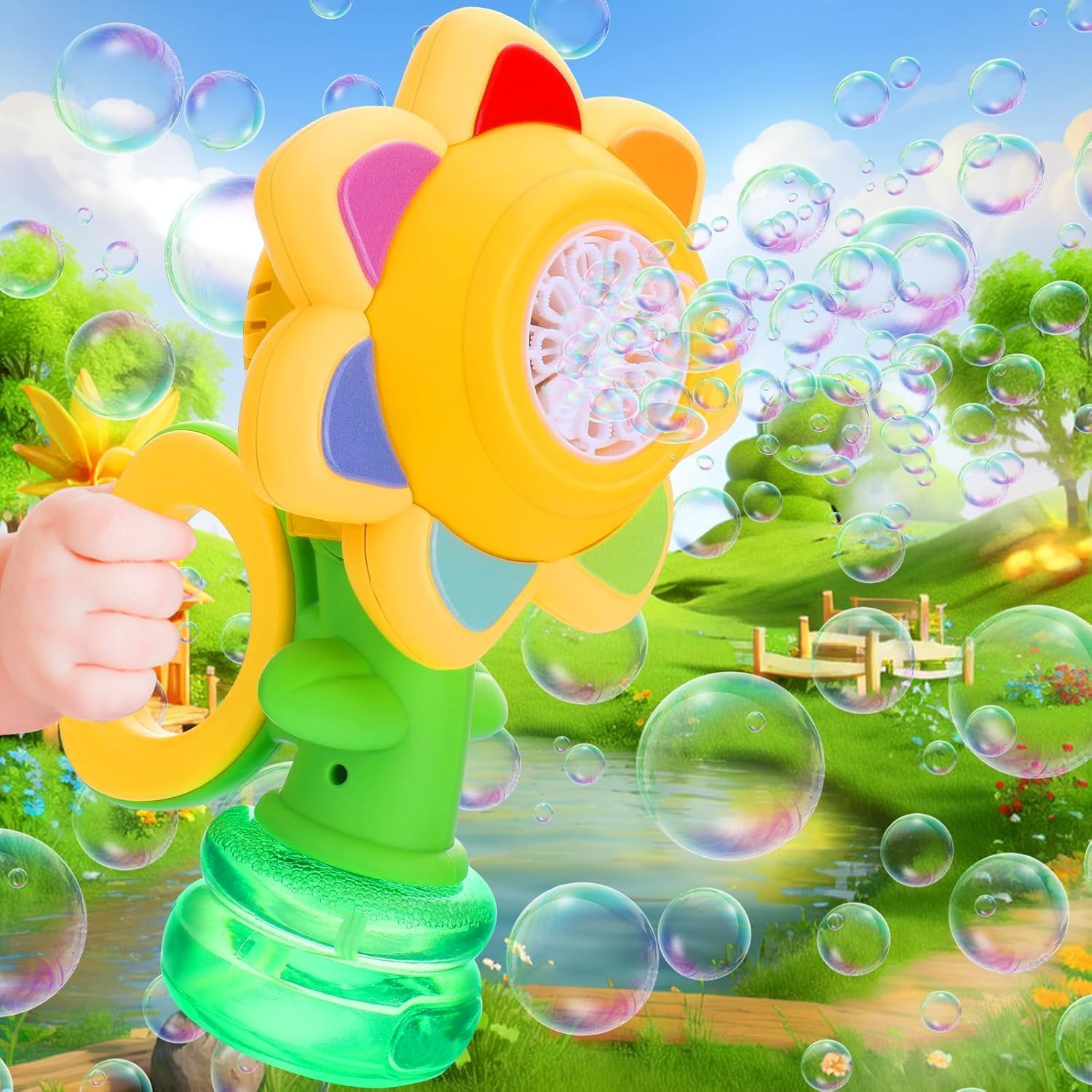 Bubble Machine for Kids,7 Color Sunflower Rechargeable Bubble Blower with Lights for Kids Ages 4-8,Toddlers 3 and up Automatic Bubble Maker for Bathtub Bath,Summer Outdoor Toys