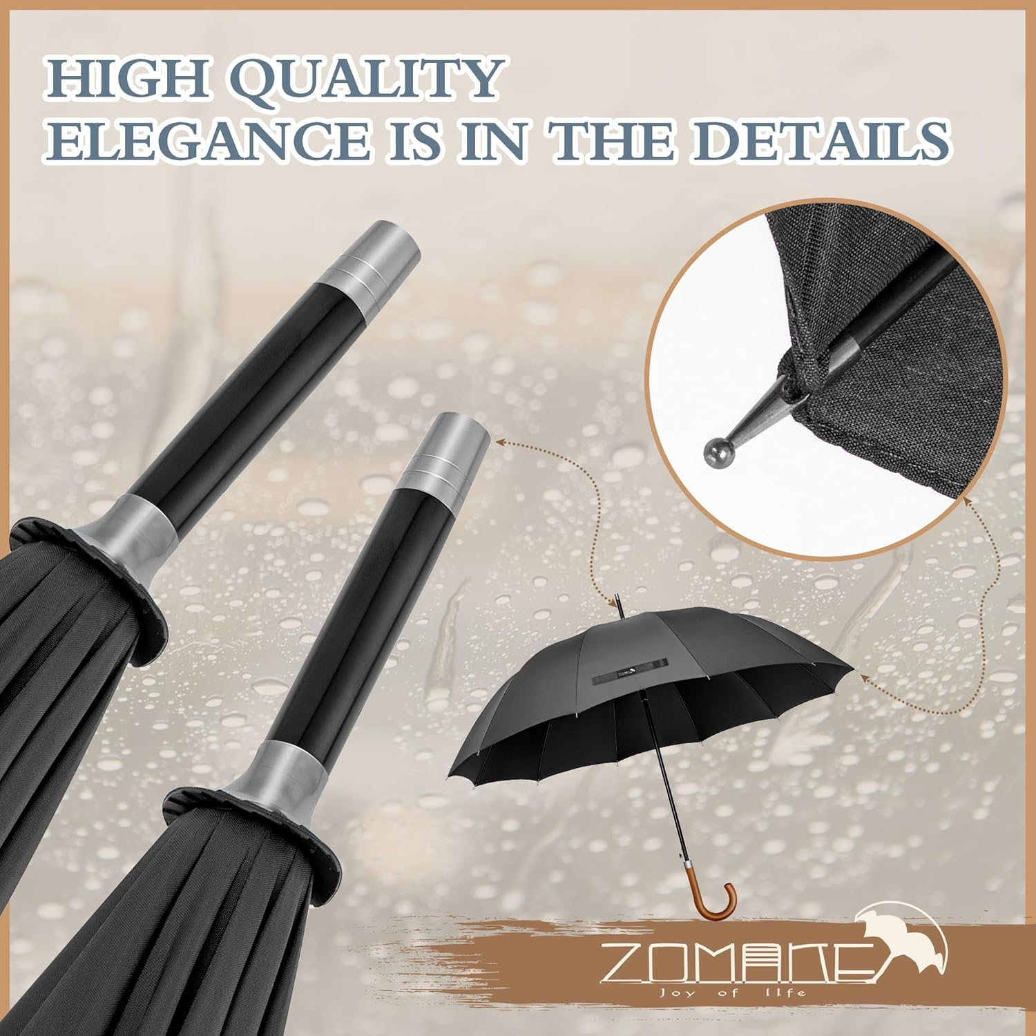 ZOMAKE Large Stick Golf Umbrella with Wood Hook Handle 12 Ribs - Automatic Open Classic Umbrellas Windproof Wooden Handle - Curved Handle Umbrella Cane, Long Umbrella with J Hook for Women Men - Black image number 6