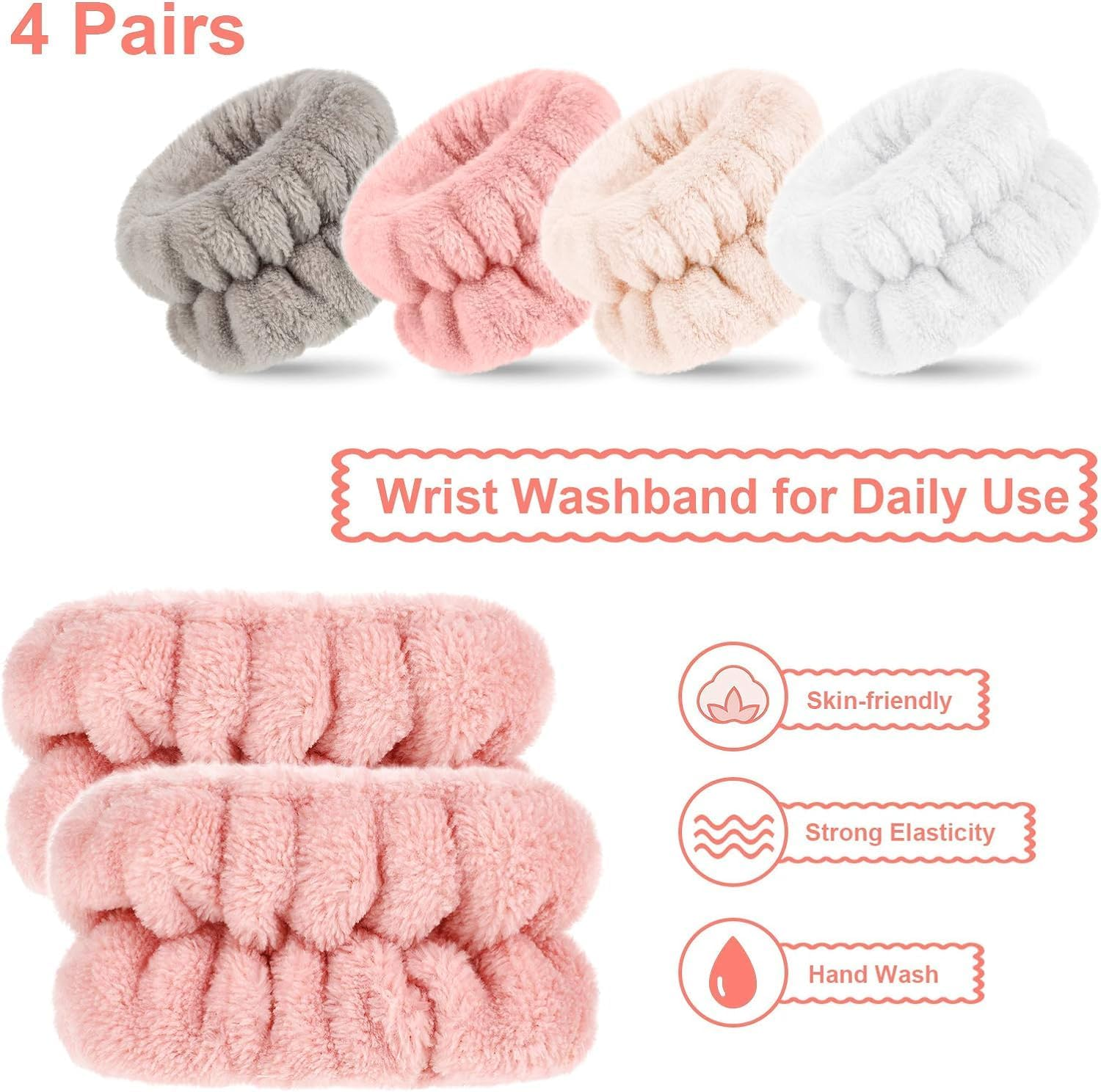 Microfiber Wrist Wash Towel Bands - Set of 4 Absorbent Wristbands for Face Washing, Sweat Control Spa-Grade Wristbands for Women and Girls Prevents Liquid Spills image number 3