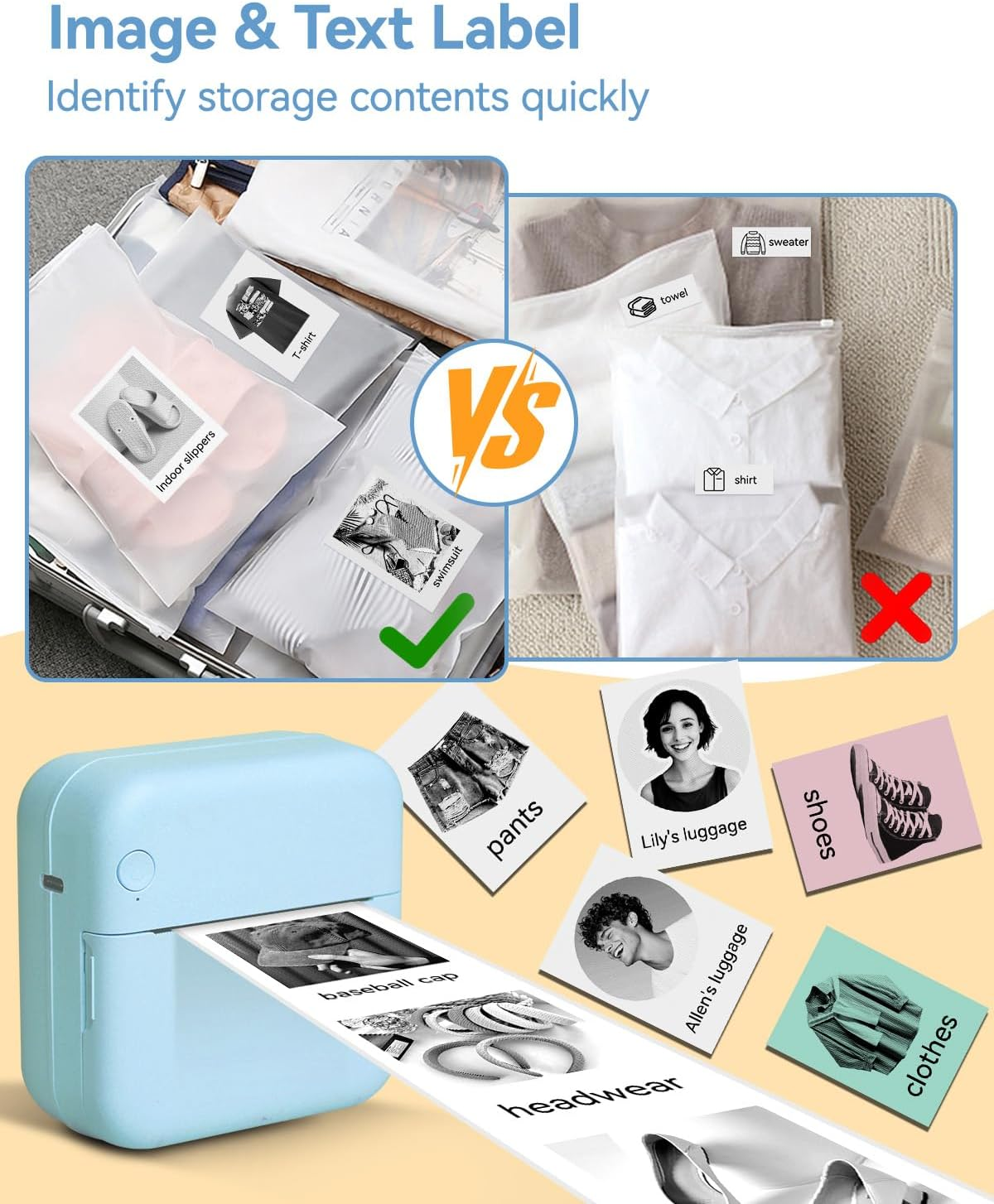 Label Maker - Mini Portable Sticker Printer with 14 Rolls Self-Adhesive Thermal Papers, Labeller Machine for Home Office Study Business Texts Journal, Blue image number 2