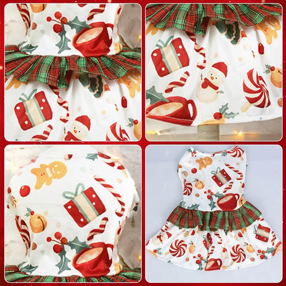 Christmas Dog Clothes Princess Style Dog Dress with Red and Green Plaid Christmas Dog Costume Cozy Pet Clothing Small Dog Clothes for Girls Holiday Xmas Celebrations Dressing (White M) image number 4