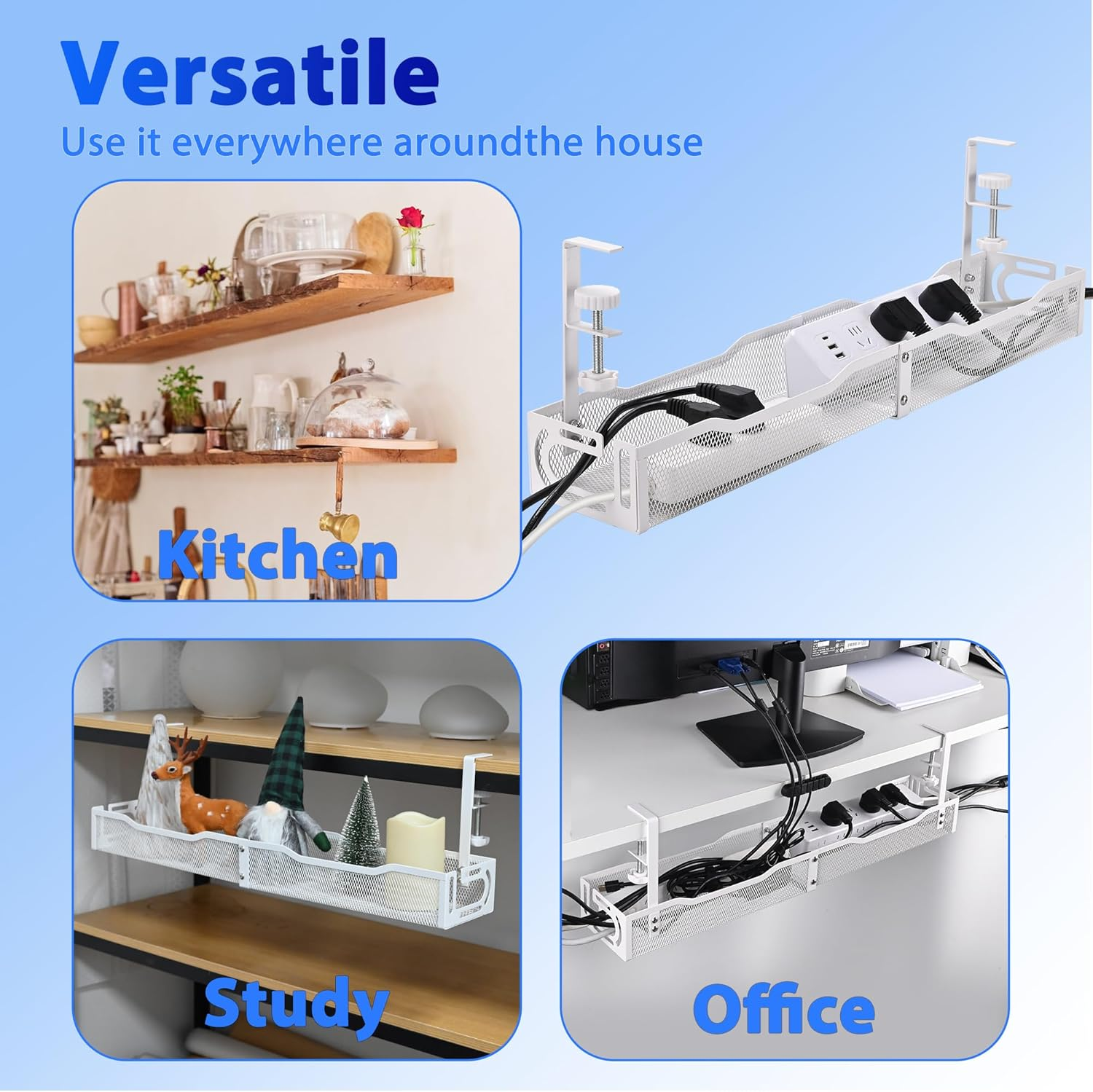 Under Desk Cable Management Box 25.3 Inch &ndash; No-Drill Cable Organizer Tray, Large Cord Management Box for Office & Home, Wire Organizer under Desk Storage, White image number 4