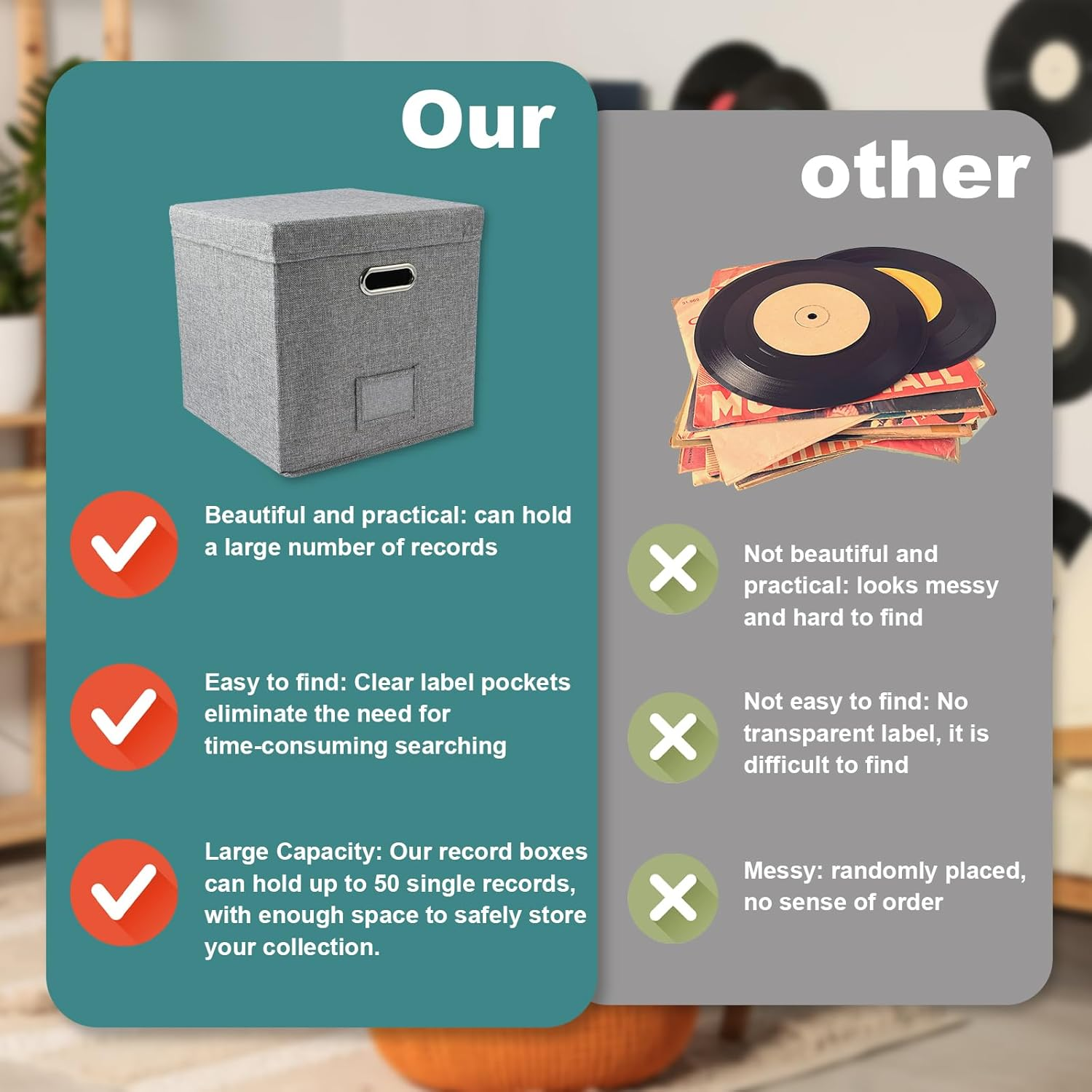 Vinyl Record Storage Box with Lid Stackable Album Storage Organizer Can Hold 50 Albums Record Storage Album Display for Photo Album Storage Birthday New Year Anniversary 33&times;33&times;33Cm image number 6