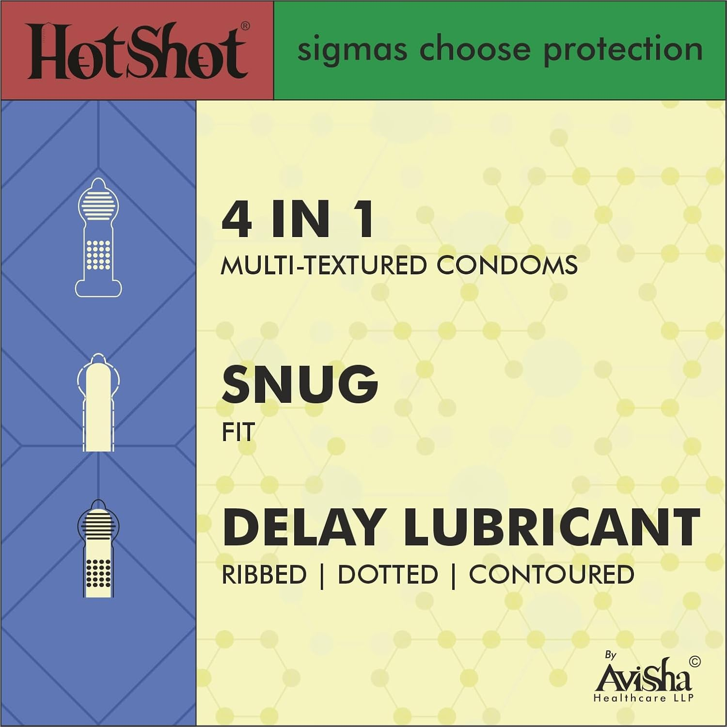 HOT SHOT 4IN1 Dotted, Ribbed, Contored and Extra Time Condom for Men - 10 Count image number 1