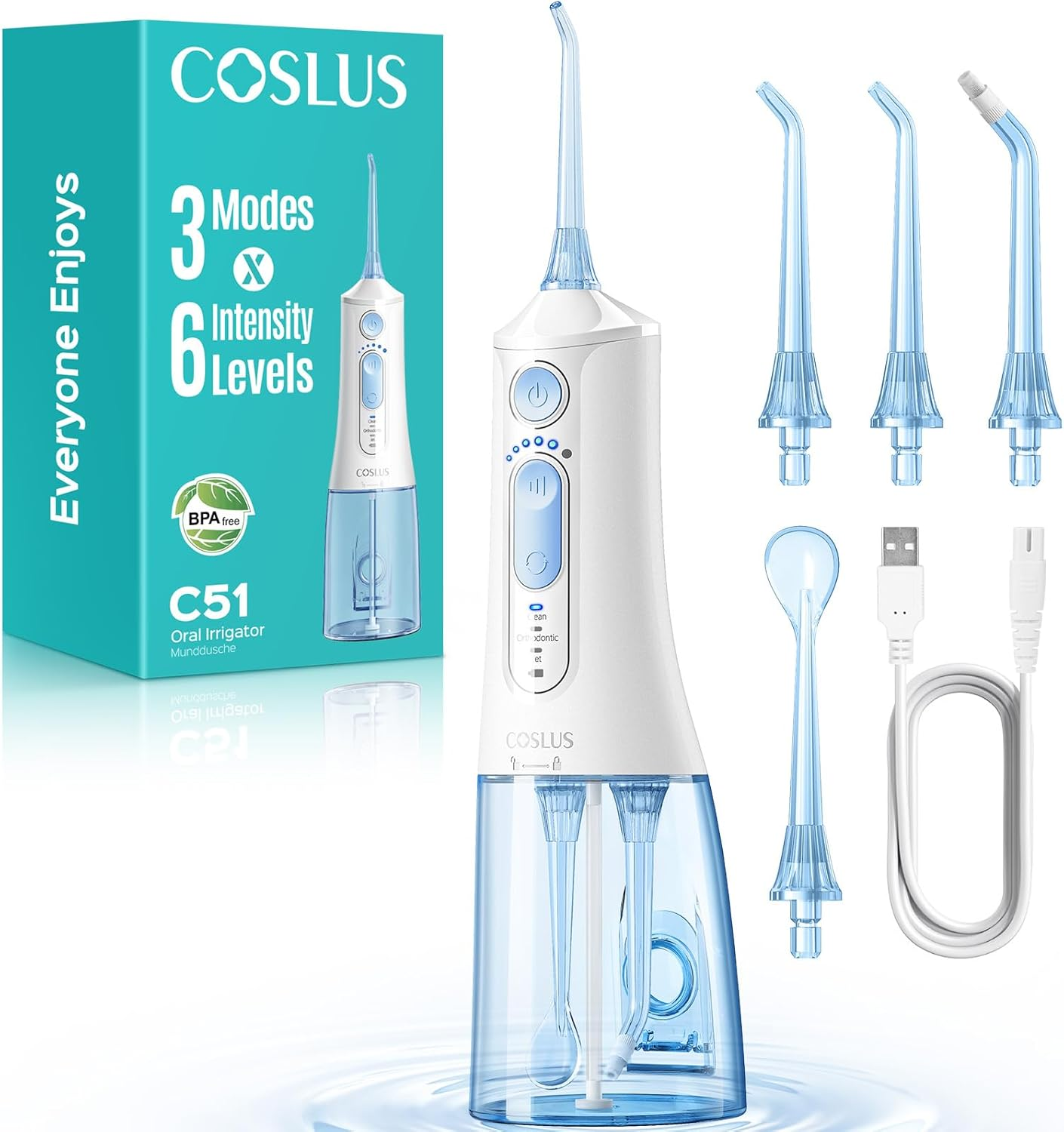 COSLUS Portable Water Flosser for Teeth: 3 Modes & 6 Pressure Settings Oral Irrigator with Jet Mode for Braces & Sensitive Gums, Compact for Travel, 300ML Tank for Multiple Users, Bpa-Free, White, C51