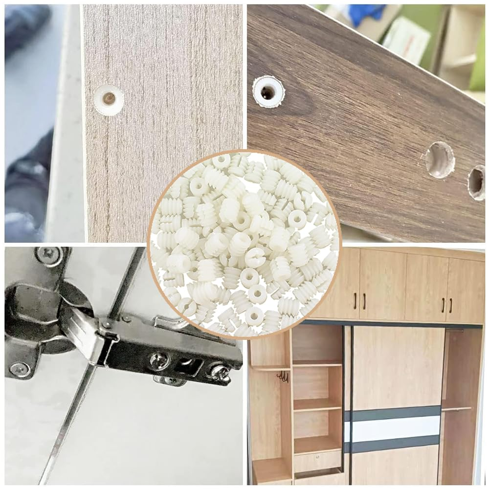 NYGHMY 110 Pcs Hinge Expansion Dowels (0.34X0.38 Inch), Plastic Expansion Dowels, White Hinge Dowel Inserts Accessories for Cabinet Wardrobe Dresser Panel Connection image number 4