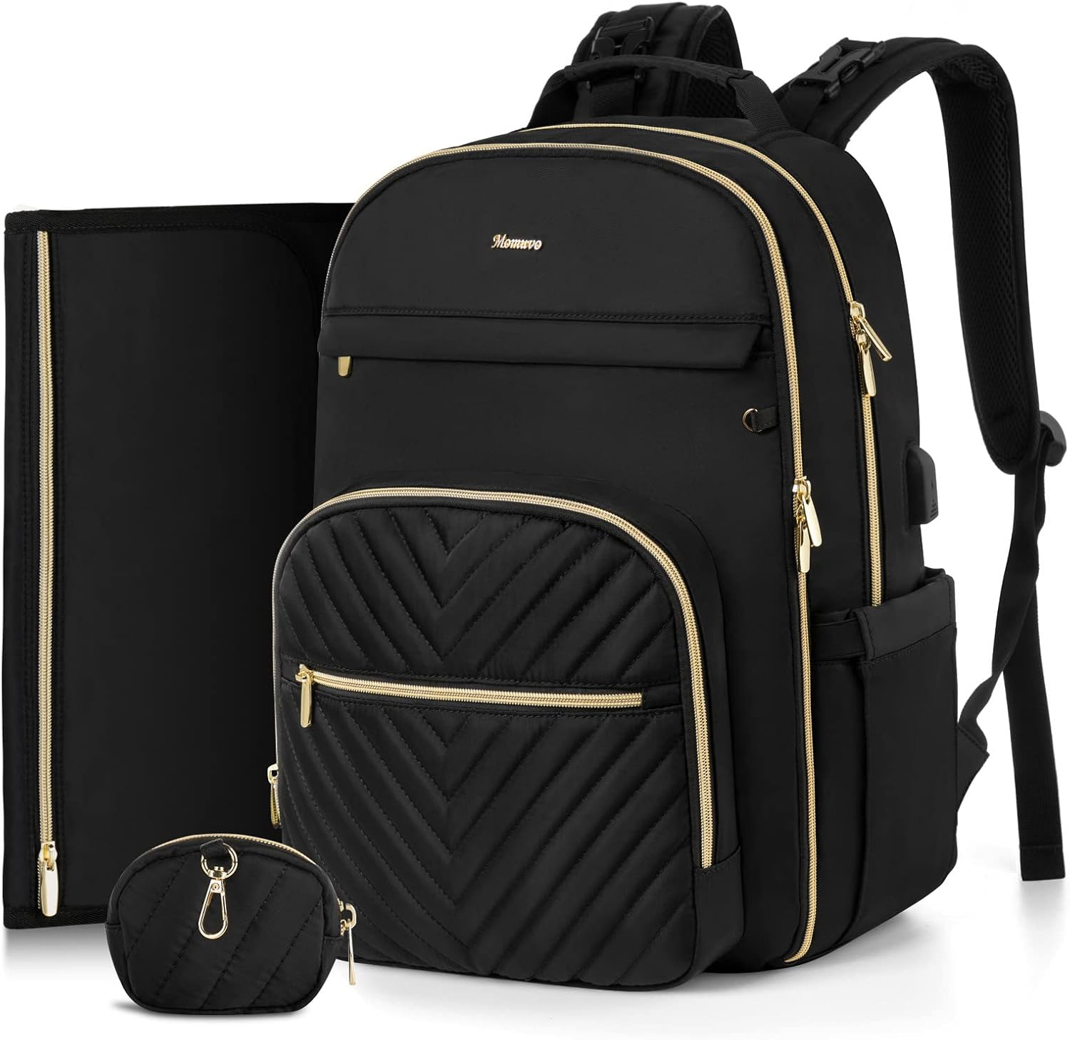 MOMUVO Diaper Bag Backpack, Quilted Baby Bag with Changing Pad & Stroller Straps & Pacifier Case, Large Travel Diaper Bags