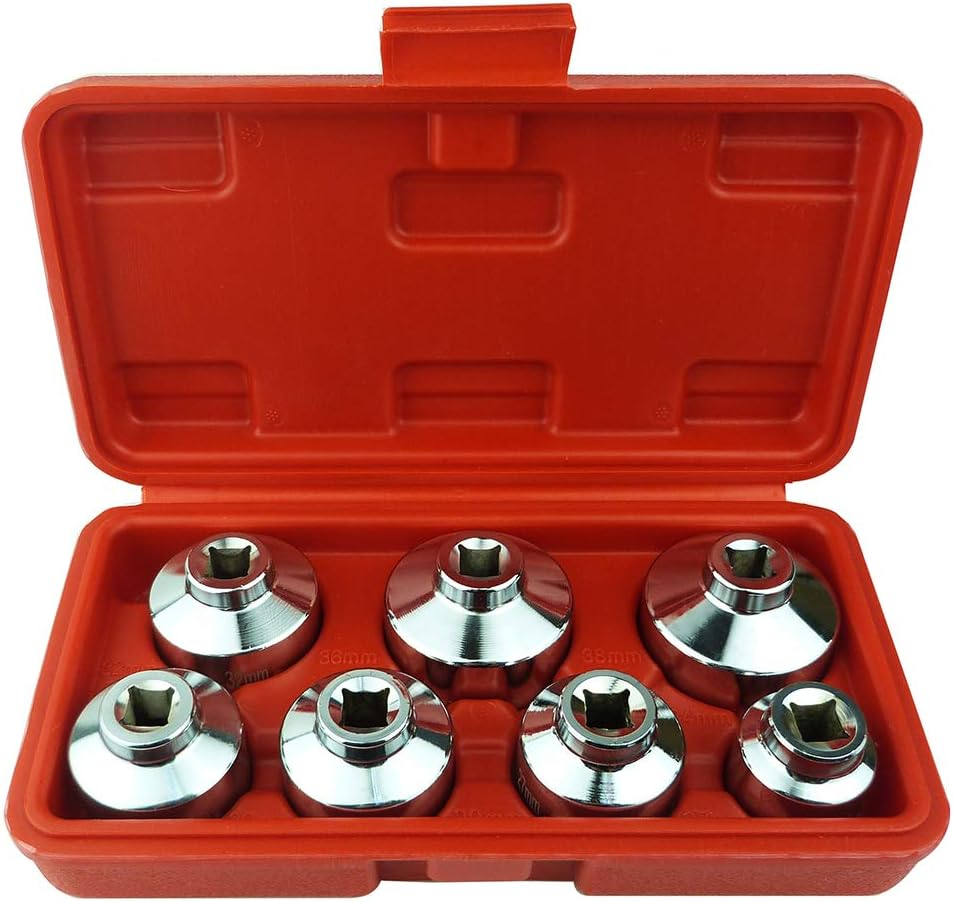 Heavy Duty 7-Piece Oil Filter Cap Wrench Tool Kit Can Last for Ever Includes 24Mm,27Mm,29Mm,30Mm,32Mm,36Mm,38Mm Socket Set Compatible with Mercedes Benz, VW, BMW and More Oil Filter Housing
