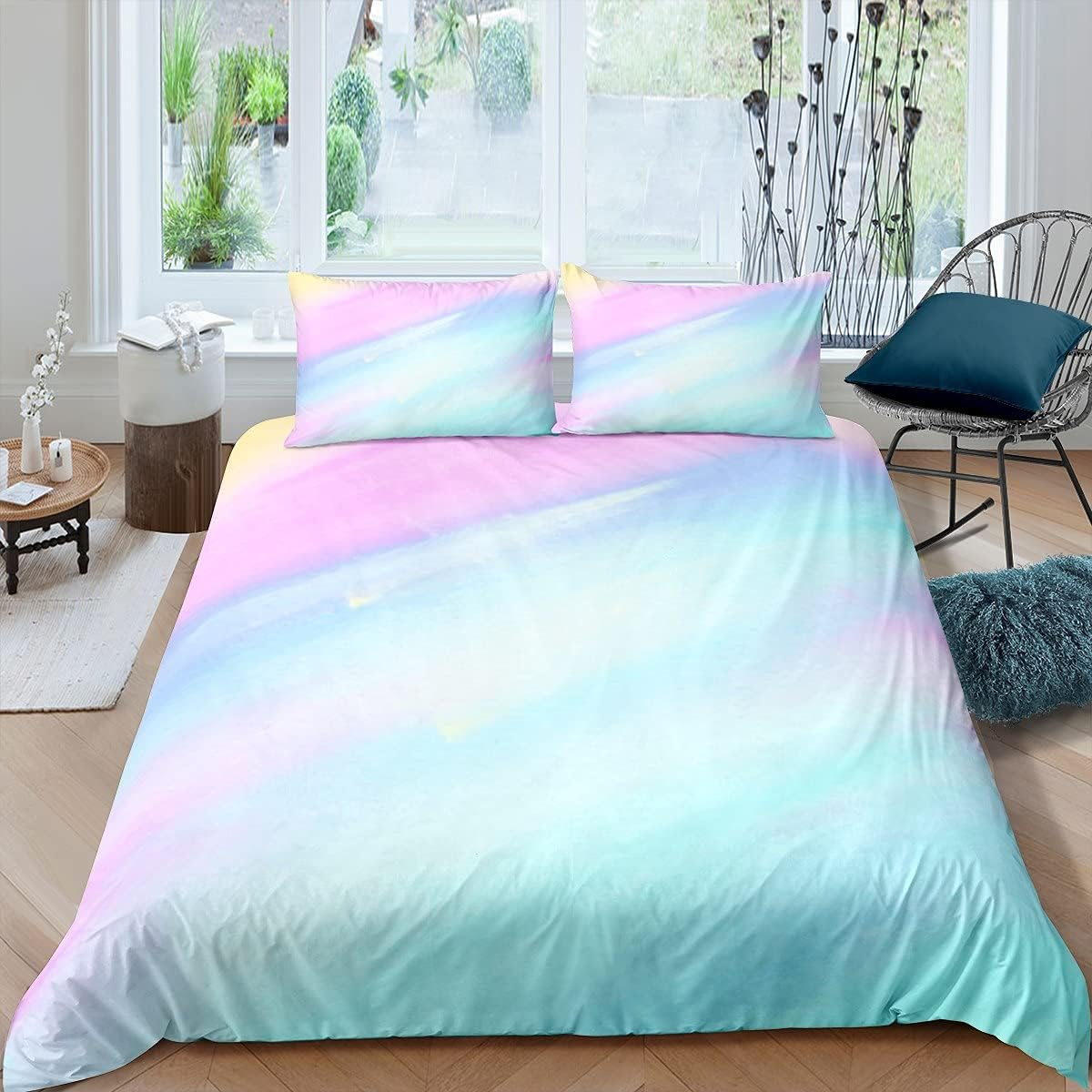 Feelingyou Watercolour Rainbow Comforter Duvet Cover 135 X 200 Cm, Pastel Tie Dye Design Bedding Set, Modern Fashion Colourful Duvet Cover for Girls Women Bedroom Decorations, Multicoloured image number 3