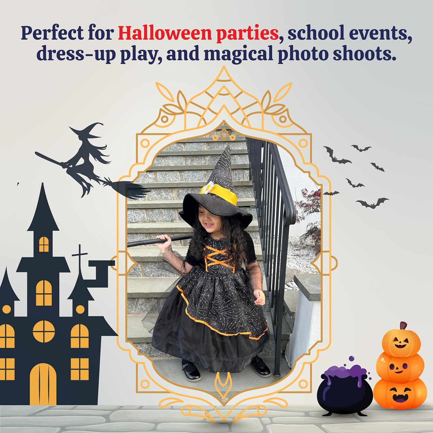 Dress up America Little Girl Black and Orange Witch Costume
