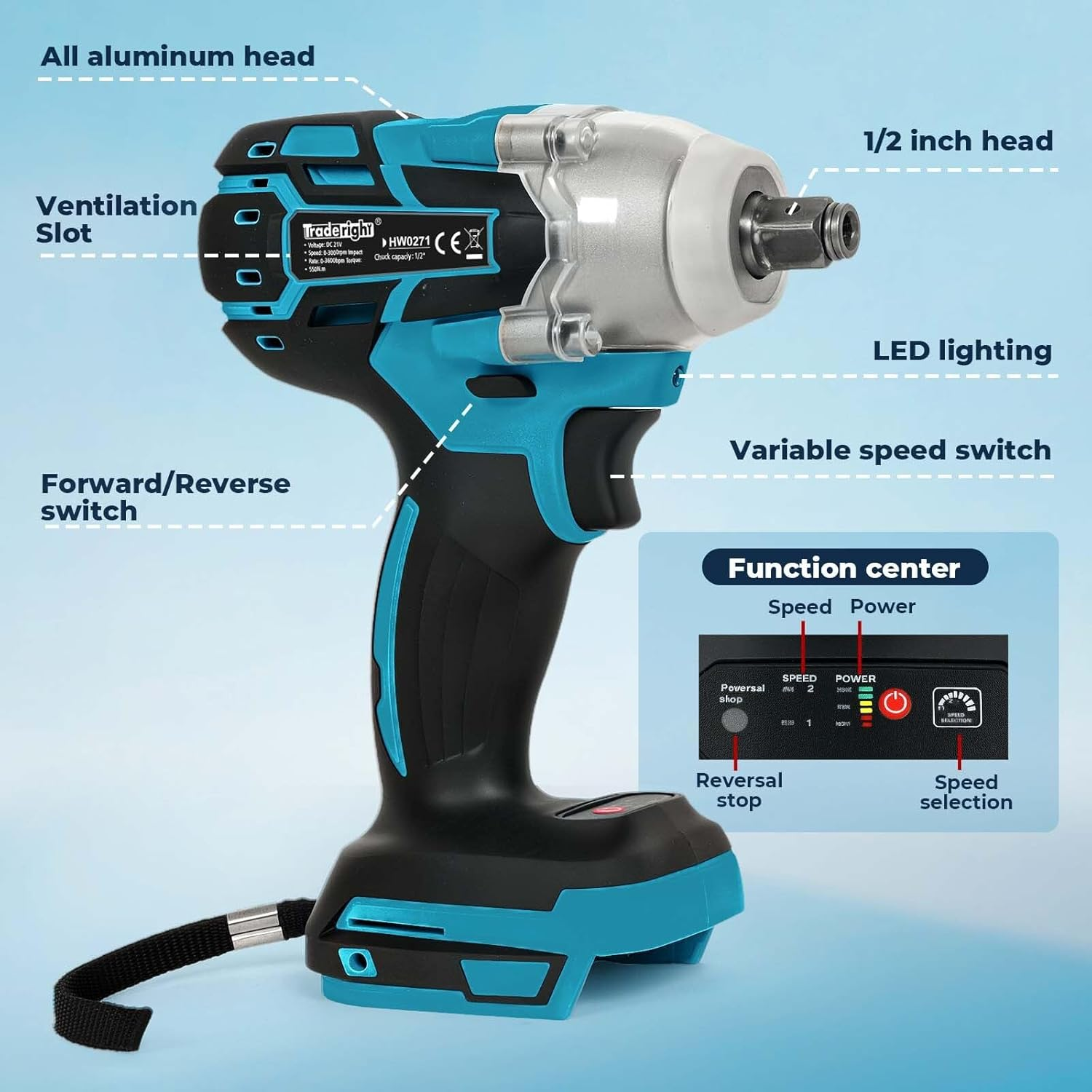 Traderight 21V Cordless Impact Wrench &ndash; 1/2" Hex Chuck,400Nm Torque,3000Rpm Variable Speed Trigger,72-Piece Impact Socket Set&Tool Kit with 2&times;4.0Ah Batteries for Diy,Automotive&Power Tools Projects image number 5
