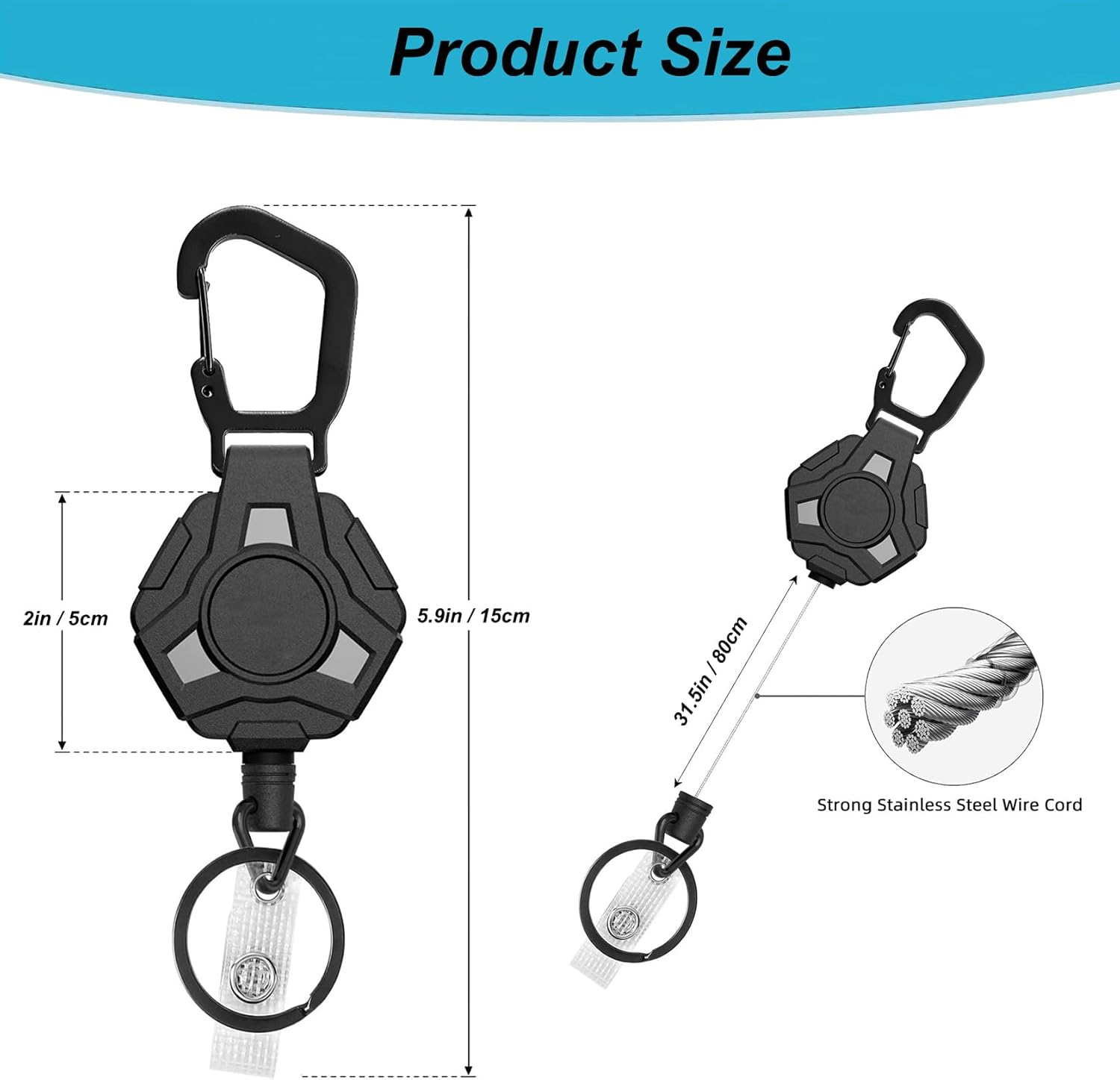 Aieve 2 Pack Heavy Duty Badge Holder, Carabiner Retractable Keychain, Outdoor Tactical ID Badge Reel with 31.5'' Coated Steel Cord, Bearing 8.0 Oz (Laser Grey)