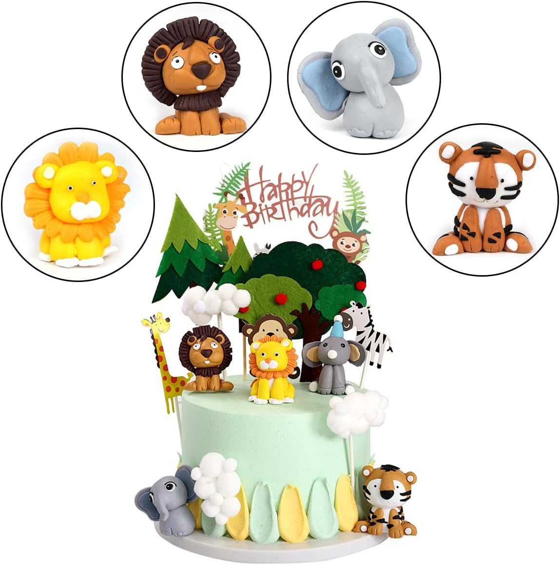 Jungle Safari Animal Cake Toppers, 14Pcs Happy Birthday Animal Cake Decoration Giraffe Tiger Lion Elephant Cake Topper for Jungle Animals Theme Party Baby Showers Kid Birthday Party Supplies image number 4