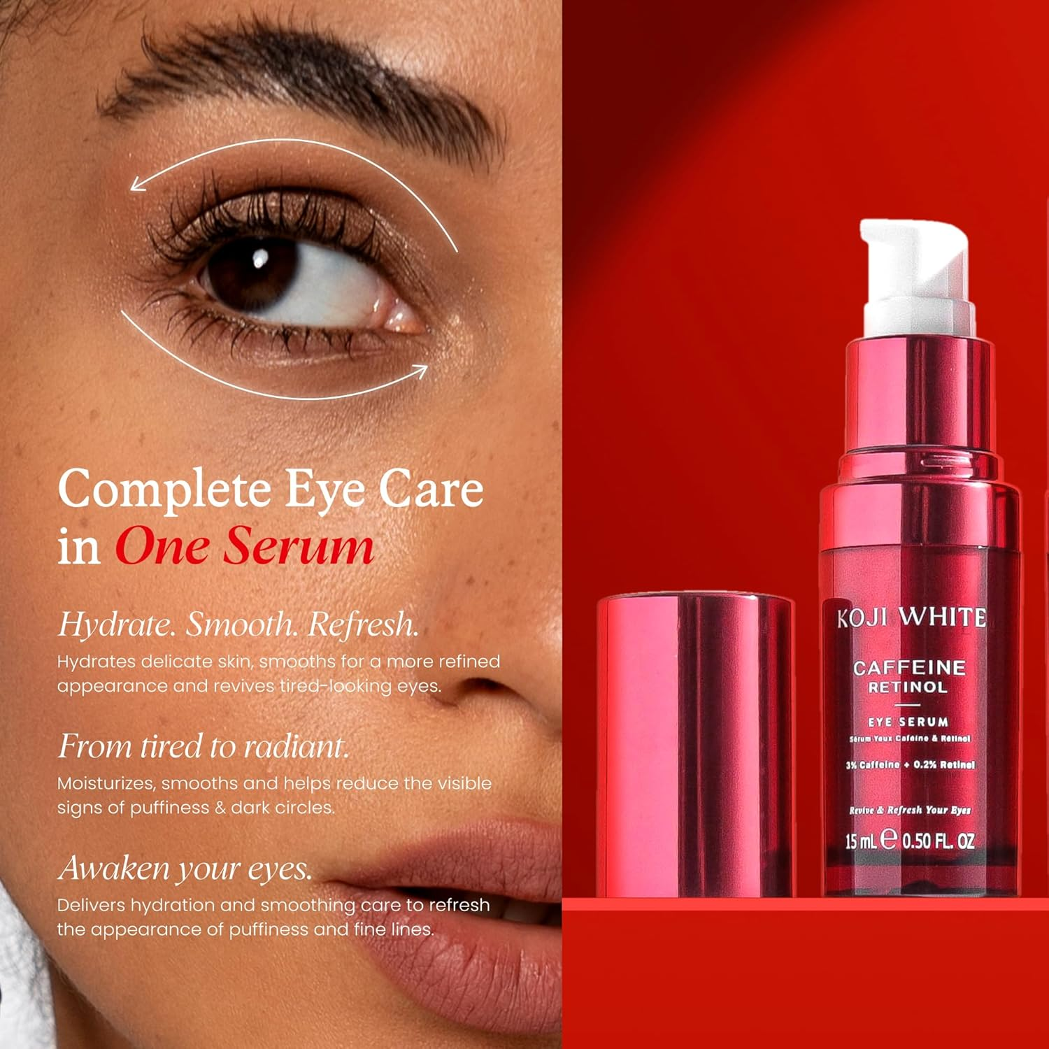 Koji White 3% Caffeine Eye Serum with 0.2% Retinol, Hyaluronic Acid & Vitamin C for Puffiness & Dark Circles - Unscented, Vegan, Fragrance-Free 15 ML (0.50 Fl Oz) image number 4