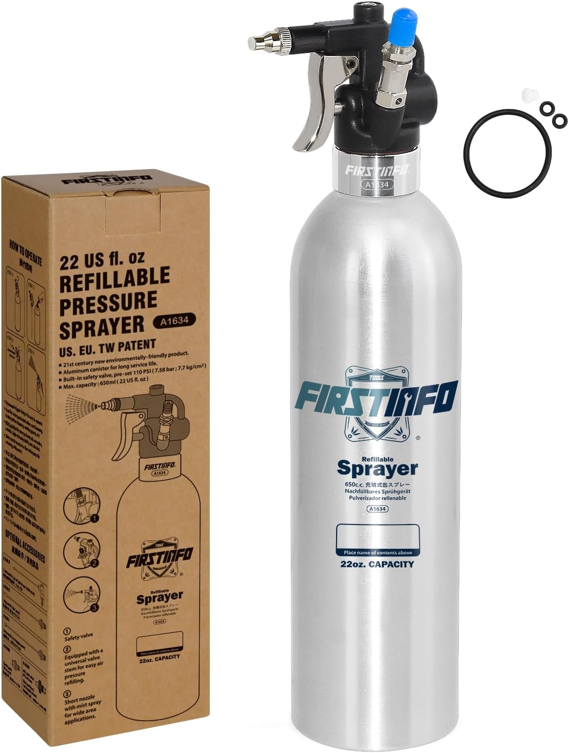 FIRSTINFO A1634 Patented 650Ml Aluminum Canister Aerosol Refillable Spray Can/Compressed Air Sprayer/Max. Pressure 110 Psi/Short Nozzle with Mist Spray