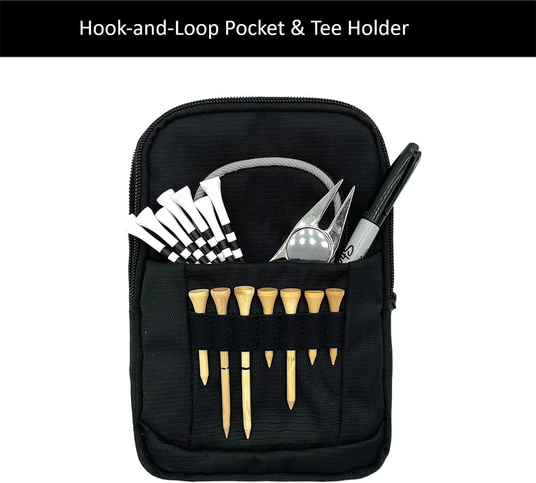 Golf Bag Pouch for Balls and Accessories | 3 Zipper Pockets | Detachable Clip | Store up to 15 Balls | Front Tee Holder Holds 7 Cleats image number 6