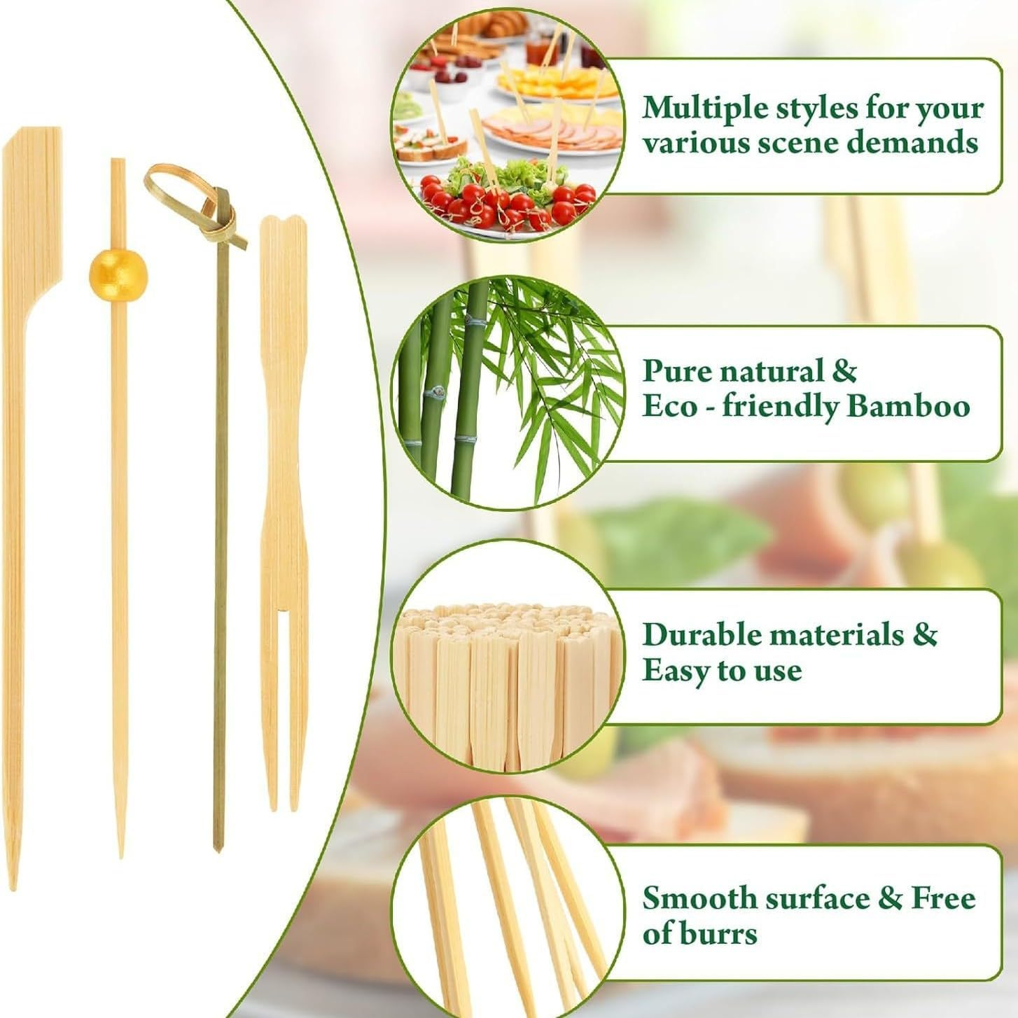 500PCS Cocktail Picks Kit, 4 Styles Fancy Toothpicks for Appetizers, 3 Sizes Long Bamboo Skewers image number 6